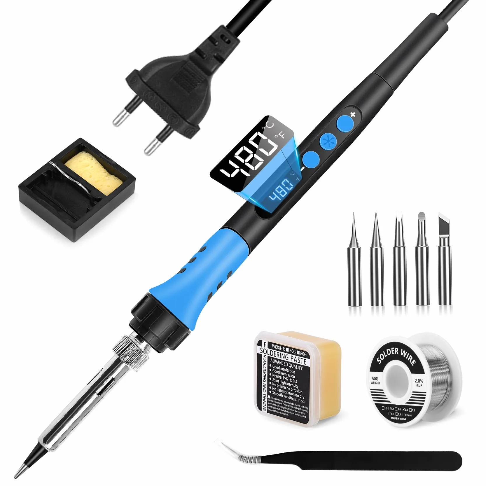 Soldering Iron Set 90 W LCD regulowana temperatura 180-480 °C Żelazko lutownicze z włącznikiem/wyłącznikiem, przewód lutowniczy 50 g, 5 końcówek lutowniczych, pompa do lutowania, stojak do lutowania,