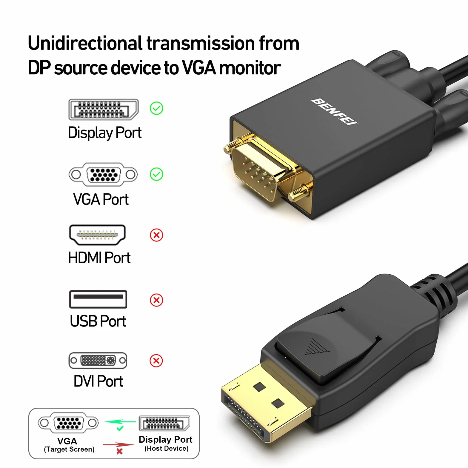 BENFEI Kabel DisplayPort do VGA, port wyświetlacza 1,8 M komputera/laptopa do VGA monitora/projektora Pozłacany adapter (nie dwukierunkowy, niezgodny z HDMI lub USB)