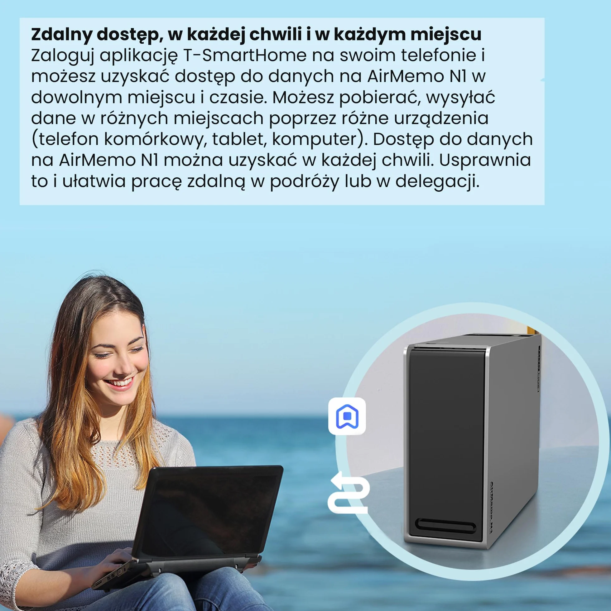 Serwer NAS, 1 SATA, 2 GB RAM, 1 RJ45 1000 MB/s, 1 USB 3.0, procesor dwurdzeniowy 1,6 GHz, zdalny dostęp, automatyczna kopia zapasowa telefonu, Kompatybilny z Androidem, iOS, Windows