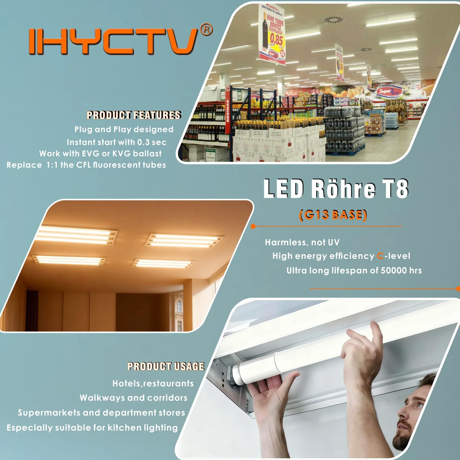 IHYCTV Rura LED T8 120 cm, G13/18 W, typ A i B, nie trzeba zdejmować statecznika, wymienna rura fluorescencyjna, matowa, AC 100 V do 277 V, 6500k białe światło dzienne