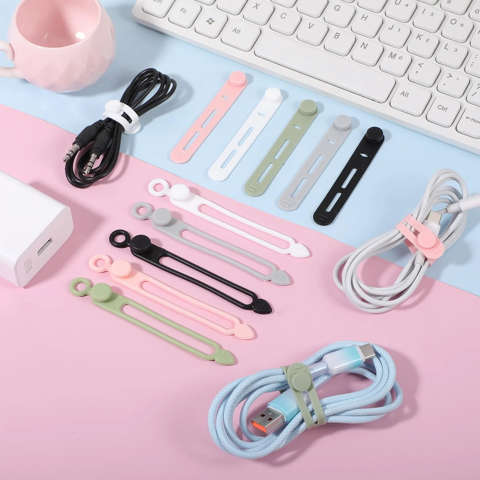 20 sztuk opasek kablowych, regulowane, silikonowe organizery kablowe, wielokrotnego użytku, elastyczne opaski kablowe, do domu, biura, kuchni, słuchawek, ładowarki, kabla USB do komputera