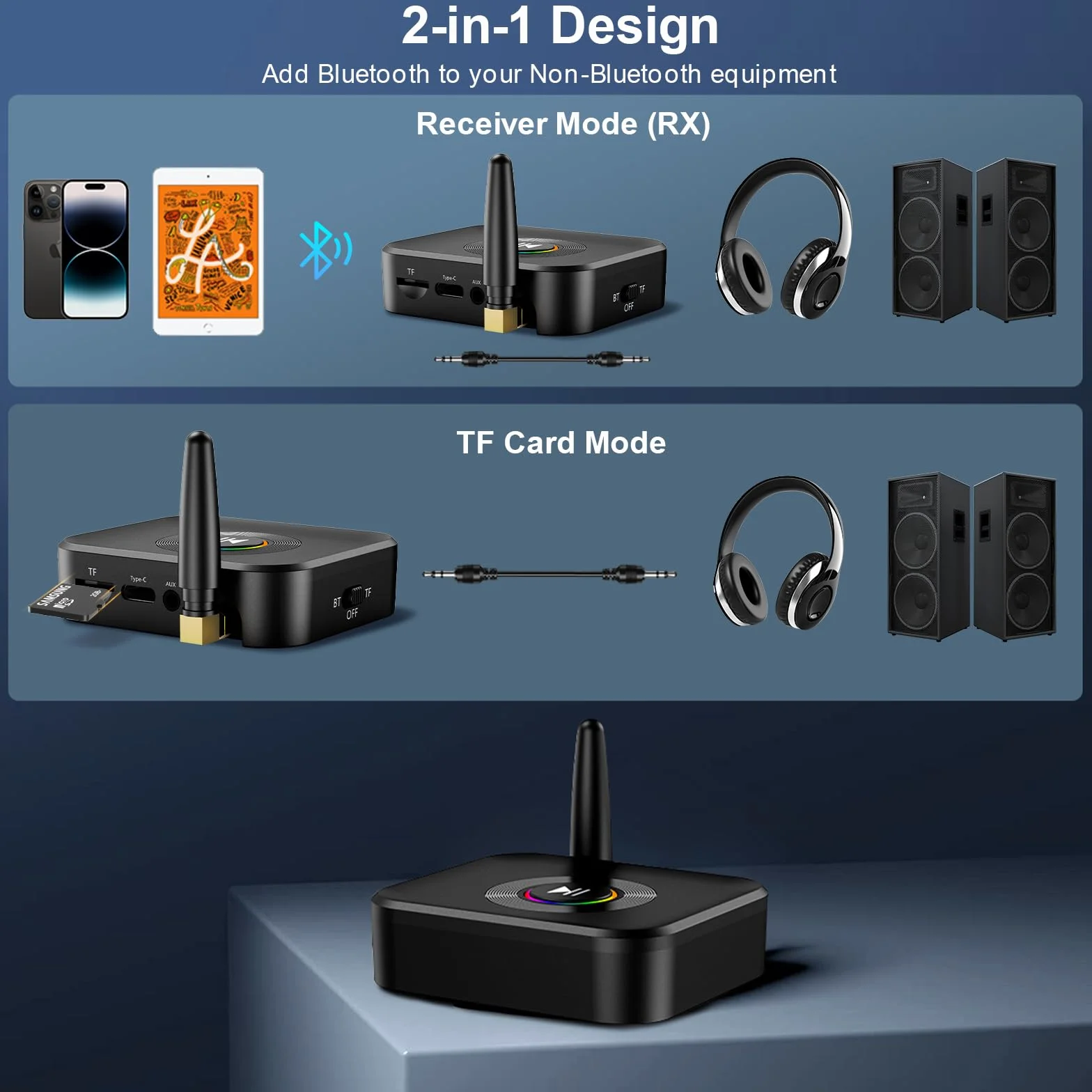 Adapter Aux Bluetooth, odbiornik Bluetooth 5.1 ze światłem otoczenia RGB, obsługa karty FT, 3,5 mm AUX na Bluetooth, niskie opóźnienie, podwójne połączenie, bezprzewodowy adapter audio do
