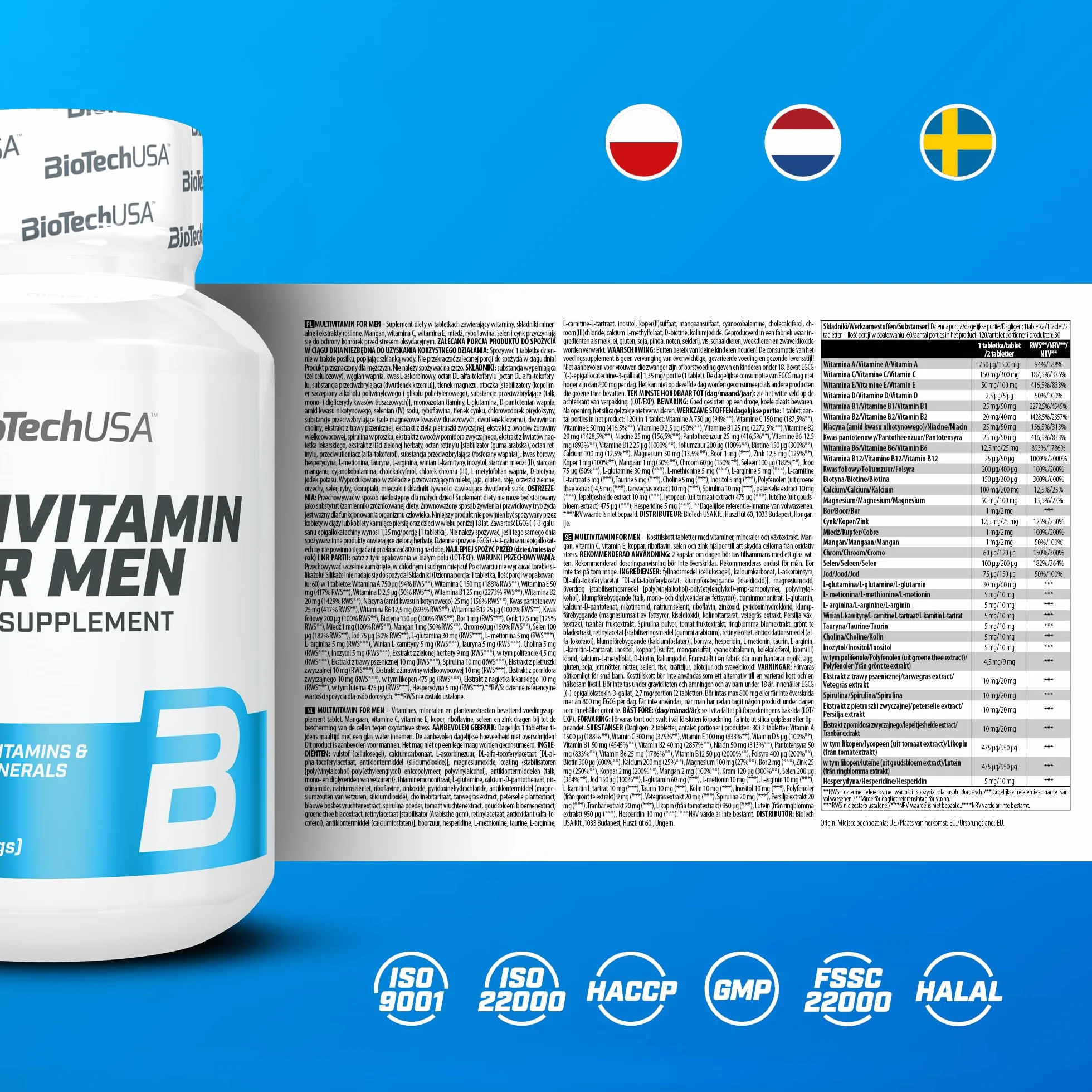 BioTechUSA Multivitamin For Men - kompleksowe wsparcie dla aktywnych mężczyzn | 38 substancji aktywnych | energia, wsparcie odporności i mięśni | ochrona antyoksydacyjna, 60 tabletek