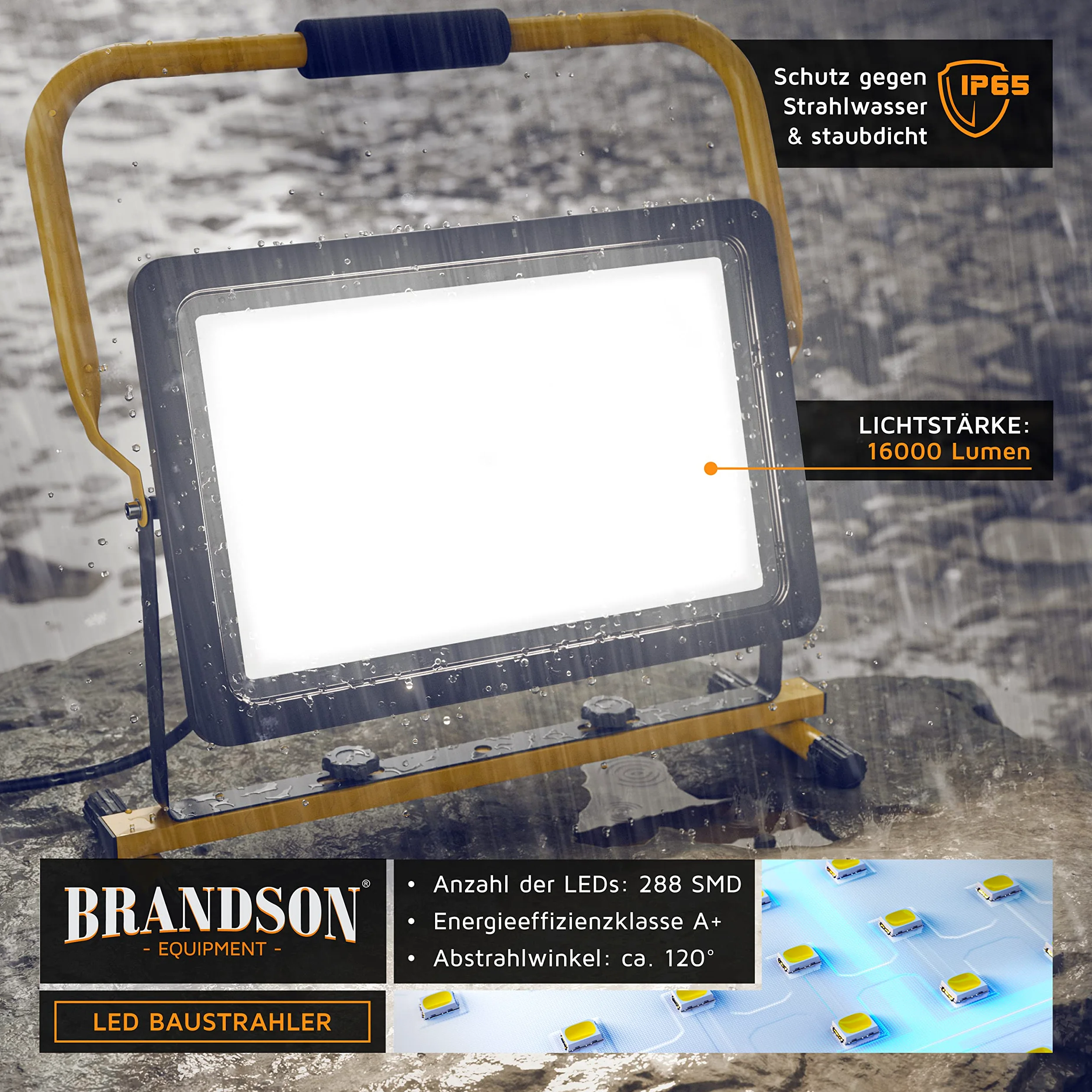 Brandson - Reflektor Budowlany LED 200 W - Reflektor Roboczy - 288 SMD LED - 6400 K - Stelaż i Uchwyt do Noszenia - 16000 Lumenów - Kabel Zasilający 4 m - Obudowa Metalowa - IP65
