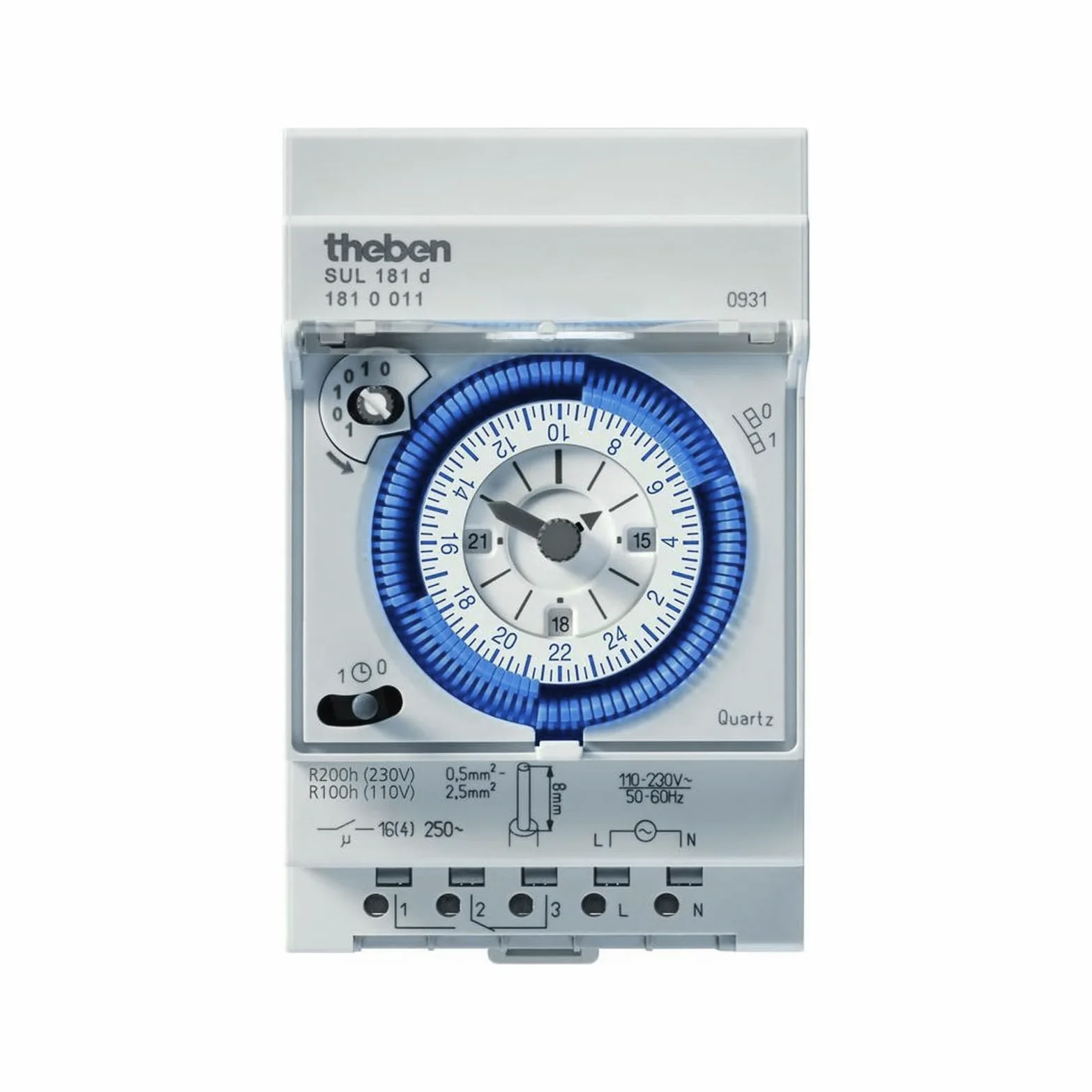 Theben 1810011 SUL 181 d analogowy programator czasowy 1-kanałowy | sterowanie kwarcowe, rezerwa chodu 200 h, szyna DIN, 96 segmentów, krok 15 min, 180 W LED, wskazanie czasu 12/24 h