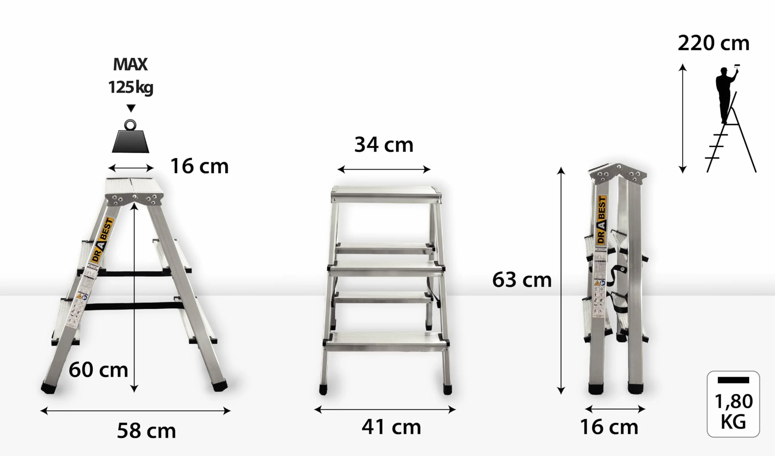 Drabest 3-Stopniowa Aluminiowa Dwustronna Drabina Do Użytku Domowego O Udźwigu 125 Kg - Drabina Z Platformą Roboczą - Drabiny Wielofunkcyjne - Drabiny 3-Stopniowe - 41 X 63 X 16 Cm