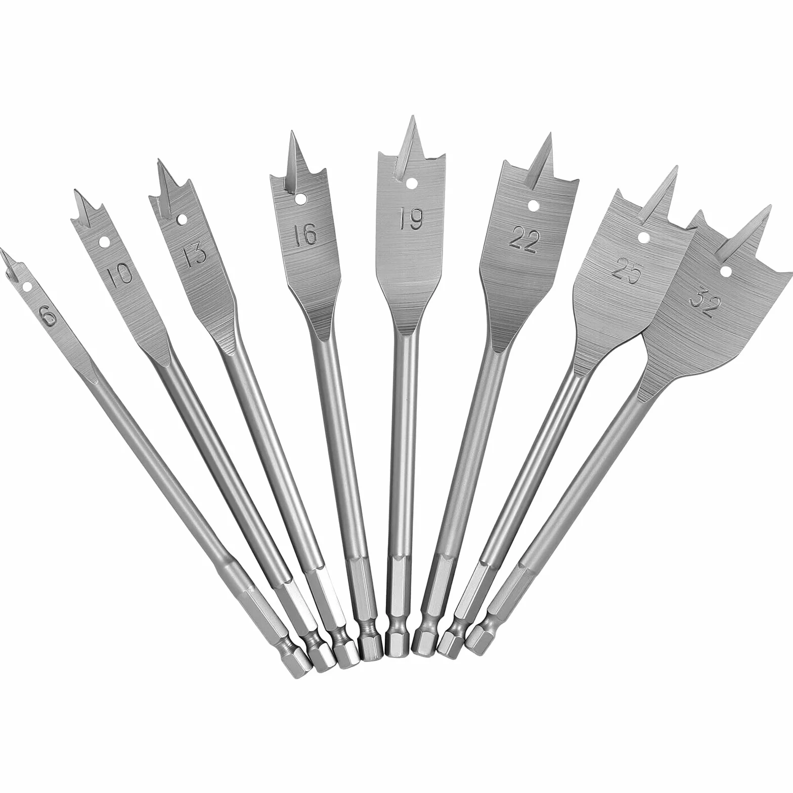 Zestaw 8 wierte? p?askich, 150 mm wiert?a do drewna z trzonkiem sze?ciok?tnym 1/4", Ø 6-32 mm, wiert?o ?opatkowe do obróbki drewna, stal w?glowa o wysokiej wytrzyma?o?ci