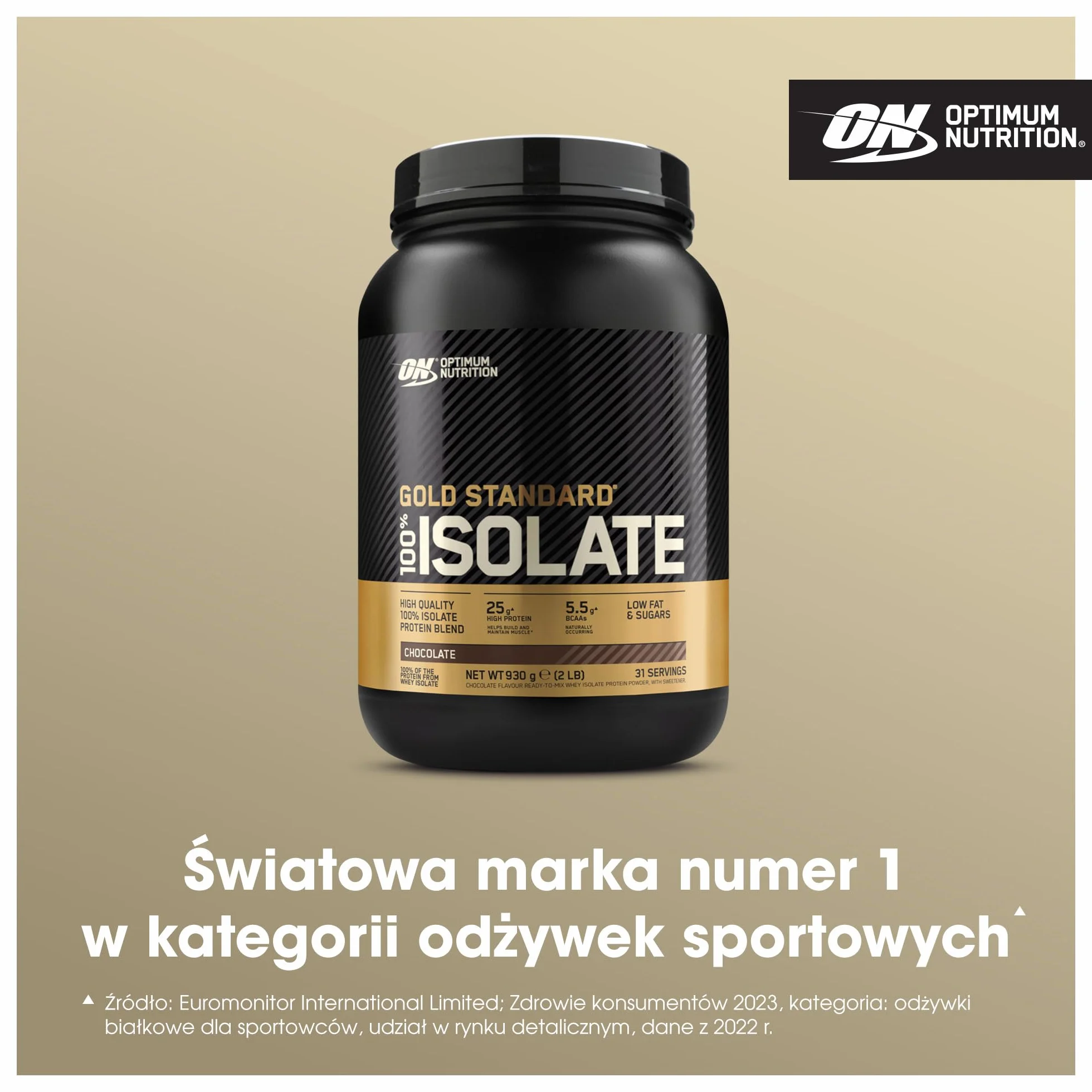 Optimum Nutrition ON Gold Standard 100% Isolate, 100 % Izolat Białka Serwatkowego, BCAA i Glutamina, Przed i po treningu, Smak Czekolada, 31 Porcji, 930 g