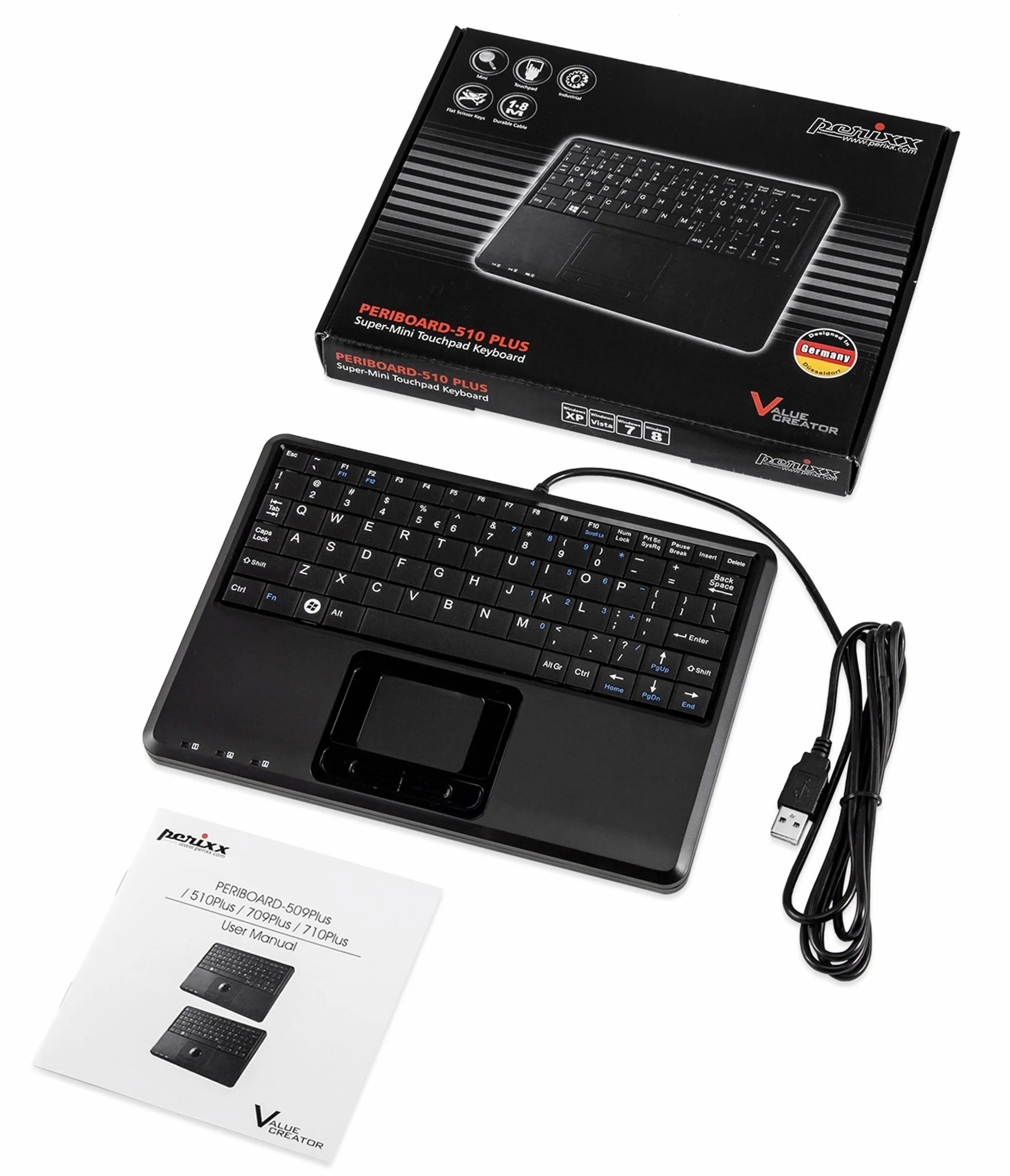 Perixx PERIBOARD-510HPLUS, Super Mini klawiatura przewodowa z touchpadem i koncentratorem USB - układ US English - czarna