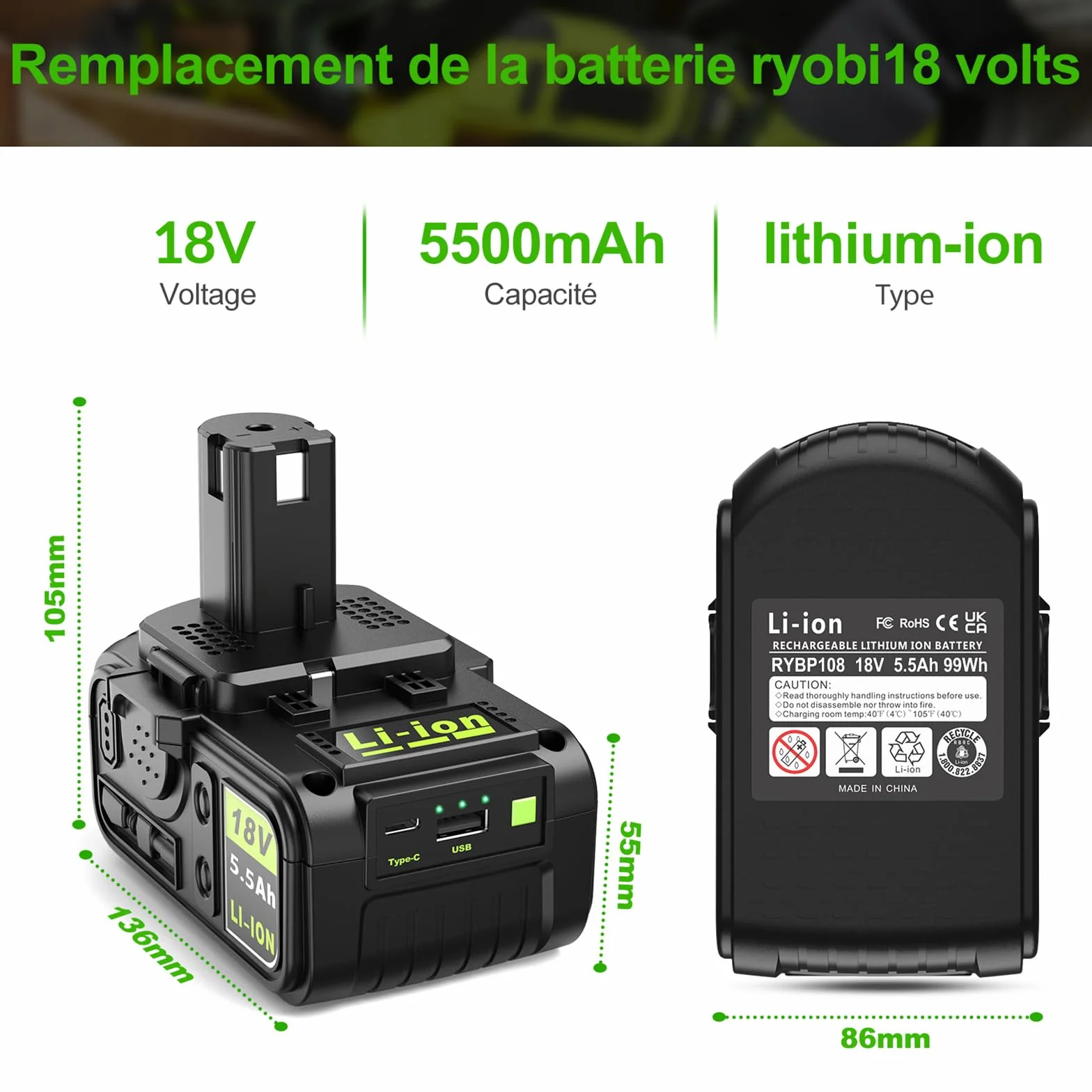 2 x akumulator do Ryobi 18 V 5,0 Ah z portem USB, kompatybilny z systemem One+(P108/P102/P103/P104/P105/P107/P109) i narzędziami bezprzewodowymi Ryobi 18 V
