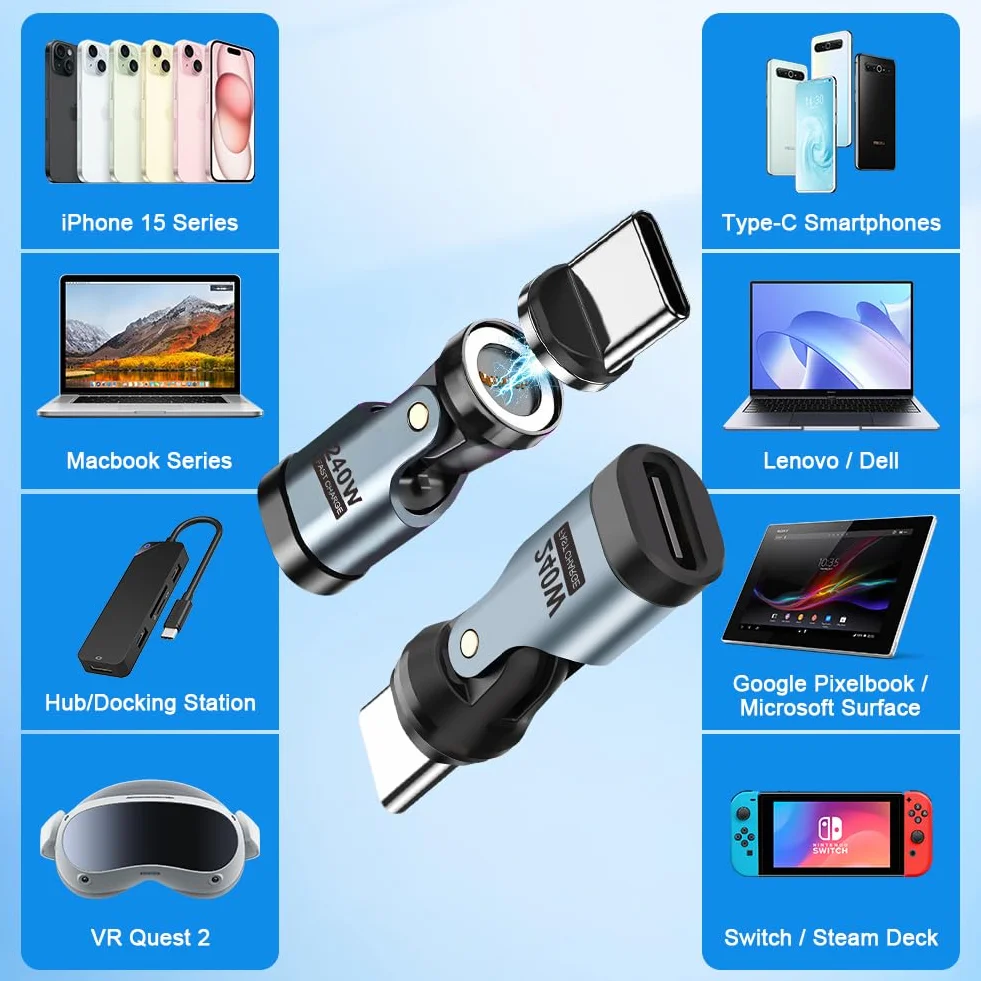AXFEE Adapter magnetyczny USB C na USB C 240W 9-pinowy kompatybilny z telefonami 15 16 Pro Max Pad Mini 6 S24 S23 A54