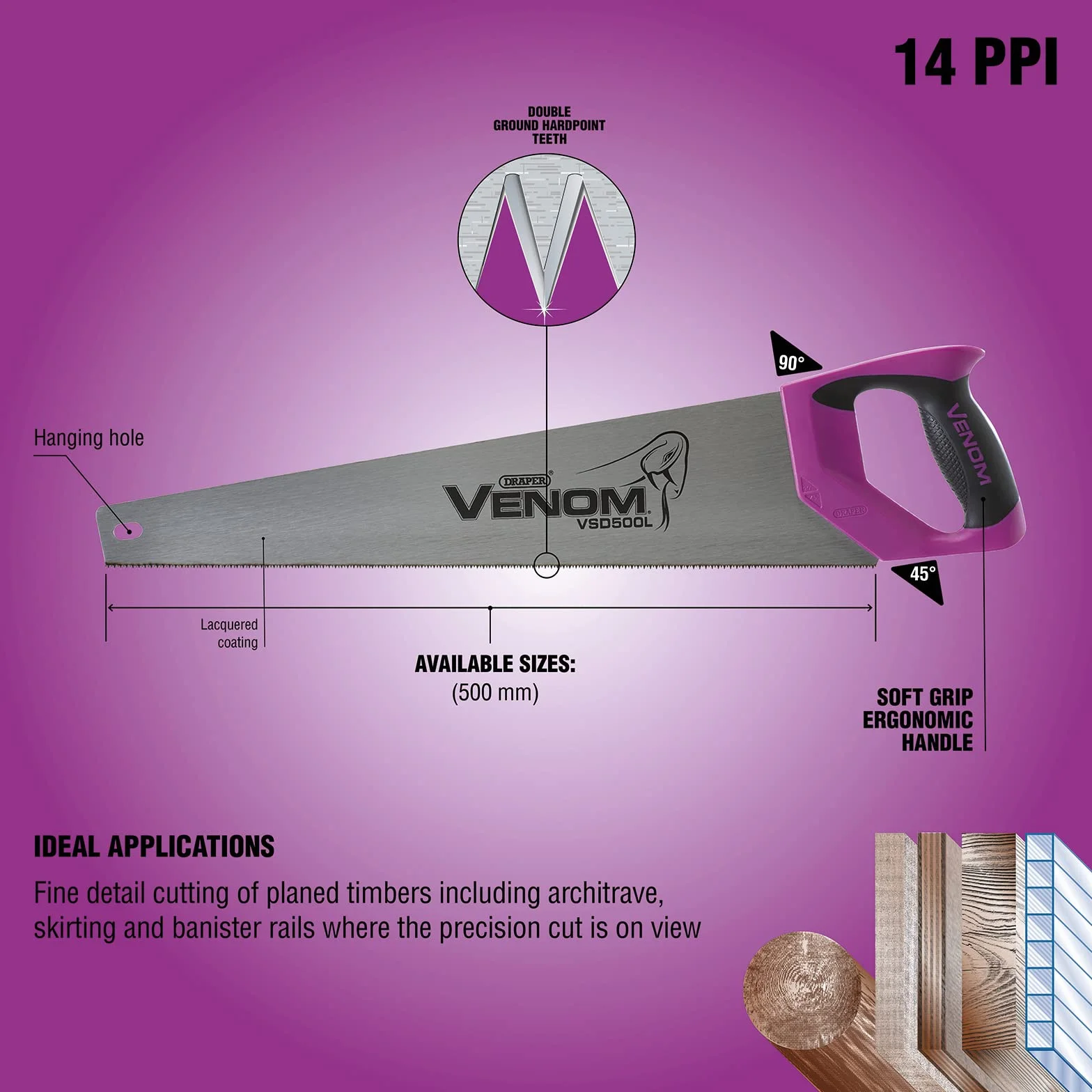 Draper 66125 Venom Double Ground 14PPI piła do laminatu, długość ostrza 500 mm