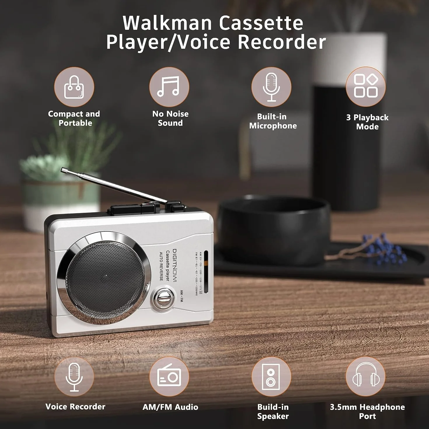 Walkman Przenośny Odtwarzacz Magnetofonowy Radio FM AM z Dyktafonem, Gniazdo 3,5 mm