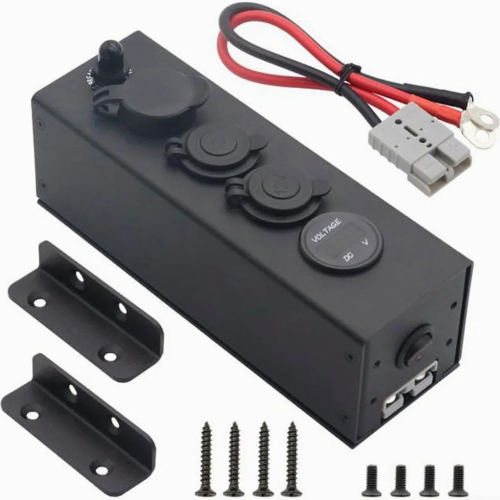Gniazdko 12 V z zabezpieczeniem przed przeciążeniem i portami USB do łodzi – wodoszczelne gniazdo morskie z kablem – 250 x 100 mm