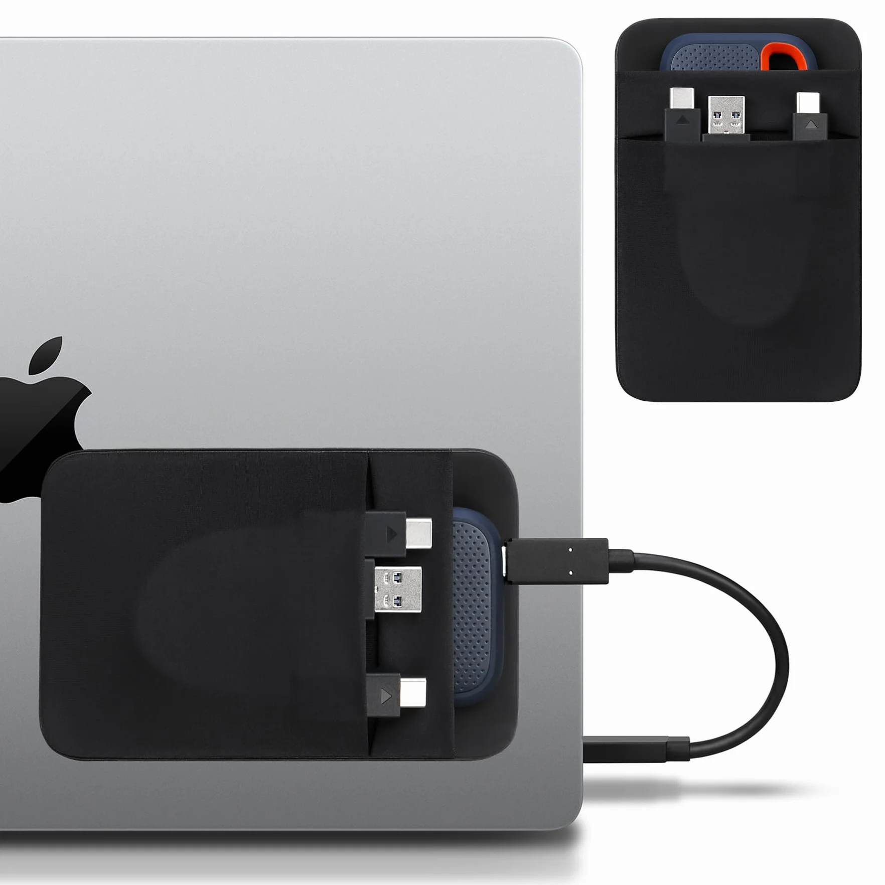 Lacdo Portable Torby do dysków twardych dla Laptop, 2-Pocket Stick z Klejem Wielokrotnego Użytku, dla San Disk, Samsung, Crucial, Portable Zewnętrzny dysk SSD Torby do Przechowywania Kabli, Czarny