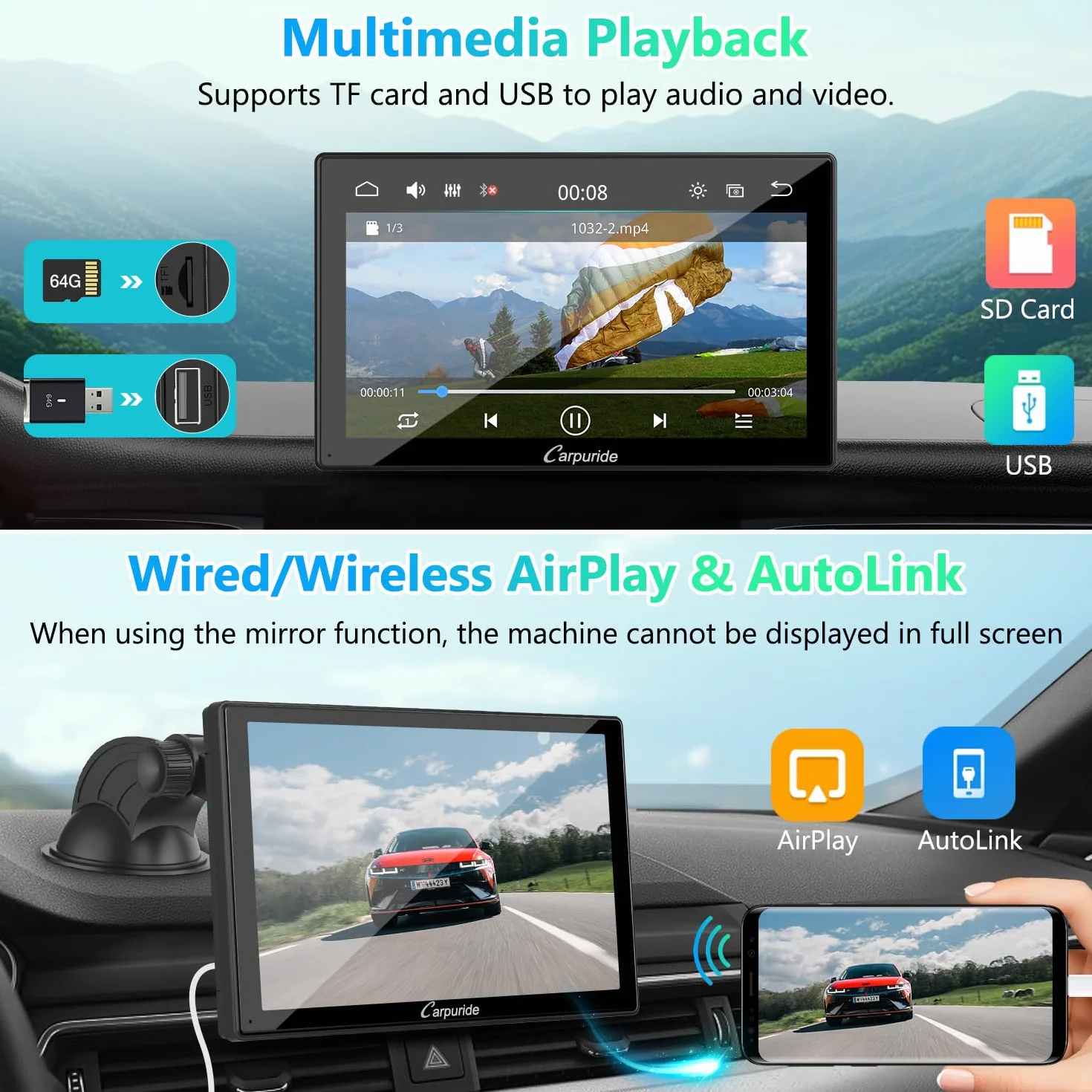 Przenośny samochodowy stereo, Carpuride V9 bezprzewodowe Carplay i Android Auto, 9-calowe radio z ekranem dotykowym 1080P HD z BT 5.0, łącze lustrzane, czujnik światła, uchwyt na deskę