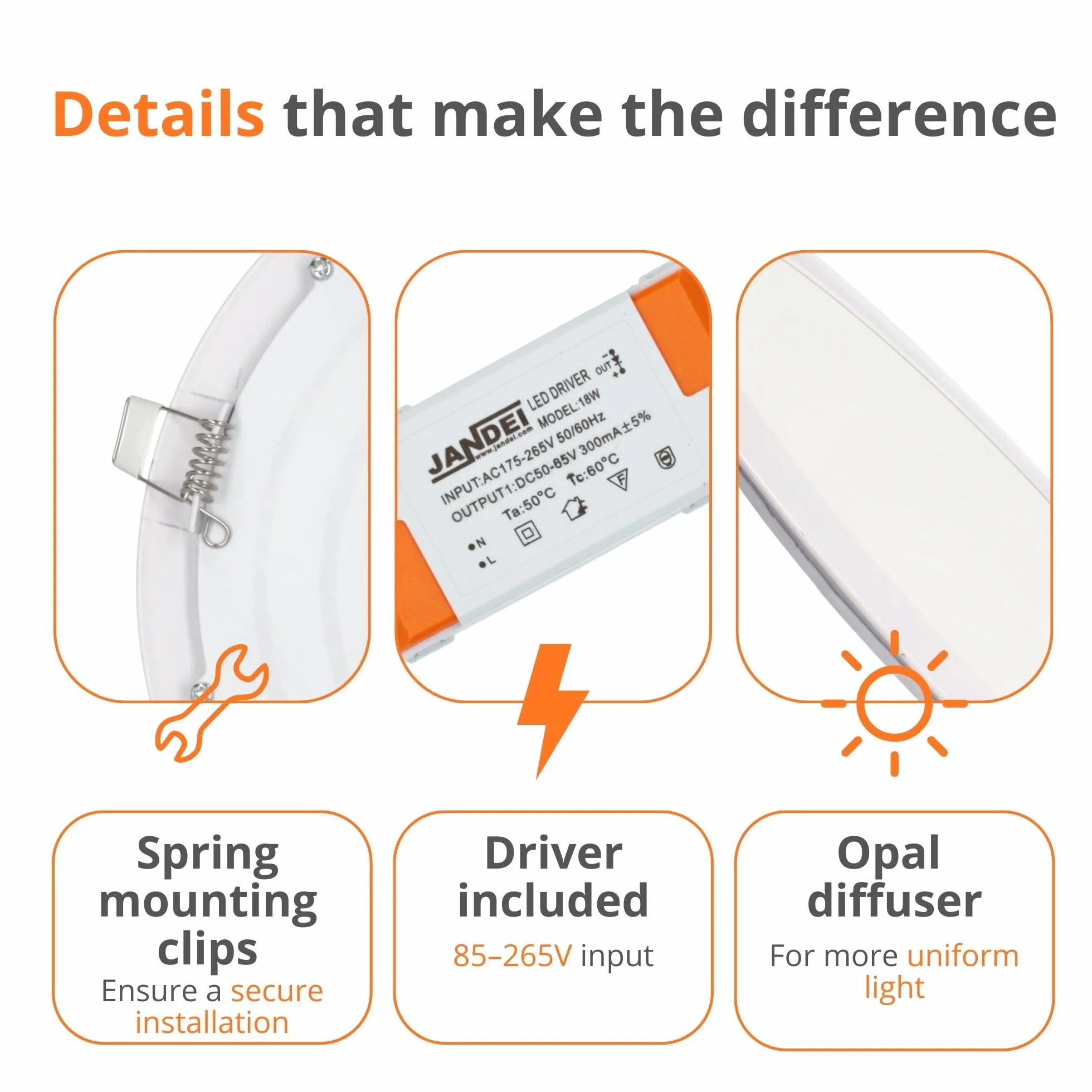JANDEI - komplet 5 x LED Downlight 18W okrągły do zabudowy, płaski biały matowy pierścień, aluminiowy otwór 200-205 mm, neutralna biel 4200K, lampa sufitowa, oświetlenie sufitowe
