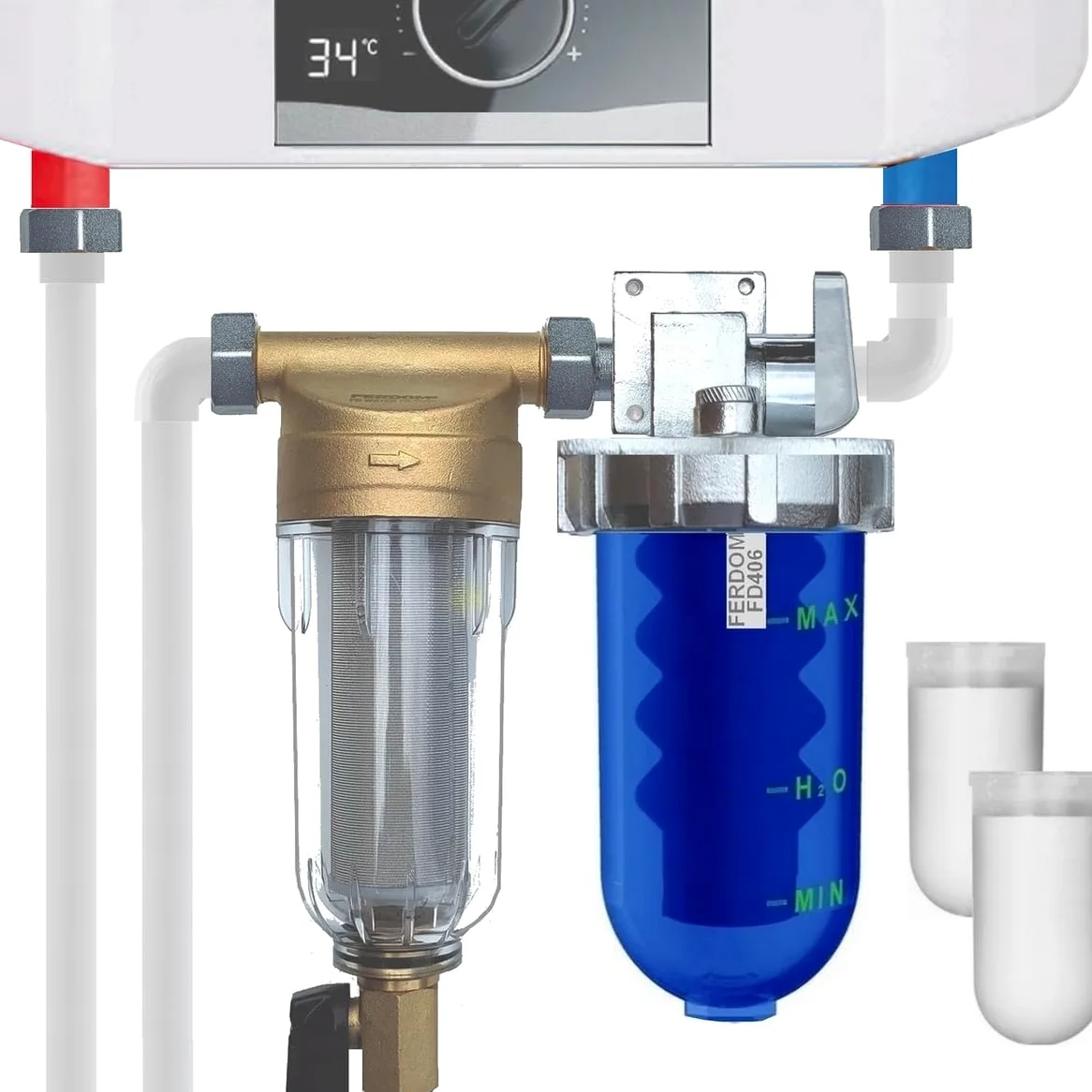 ZESTAW OCHRONY INSTALACJI FD444 FERDOM. 2 w 1. Filtr Wstępny, Osadowy Typu Spin-Down z Siatką Inox 40-60 μm (FD244) + Dozownik/Podajnik Proporcjonalny do Wody Wodociągowej, Dodatkowe Wkłady (FD406).