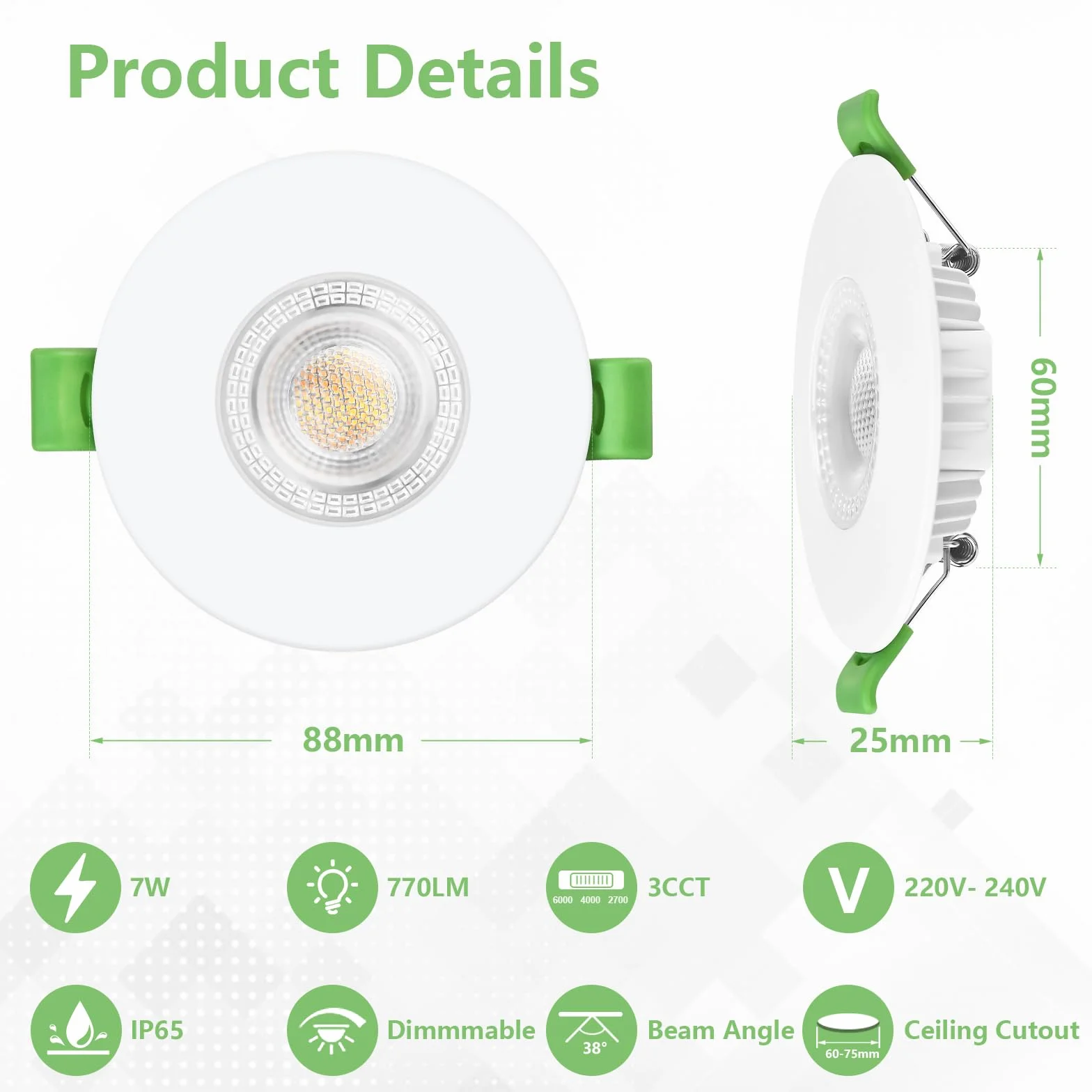 KYOTECH Reflektor LED 230 V z możliwością ściemniania 60–75 mm, reflektor LED 7 W 770 lm, bardzo płaski, reflektor sufitowy 2700 K/4000K/6000K, oświetlenie wpuszczane IP65 do łazienki Balkon do salonu