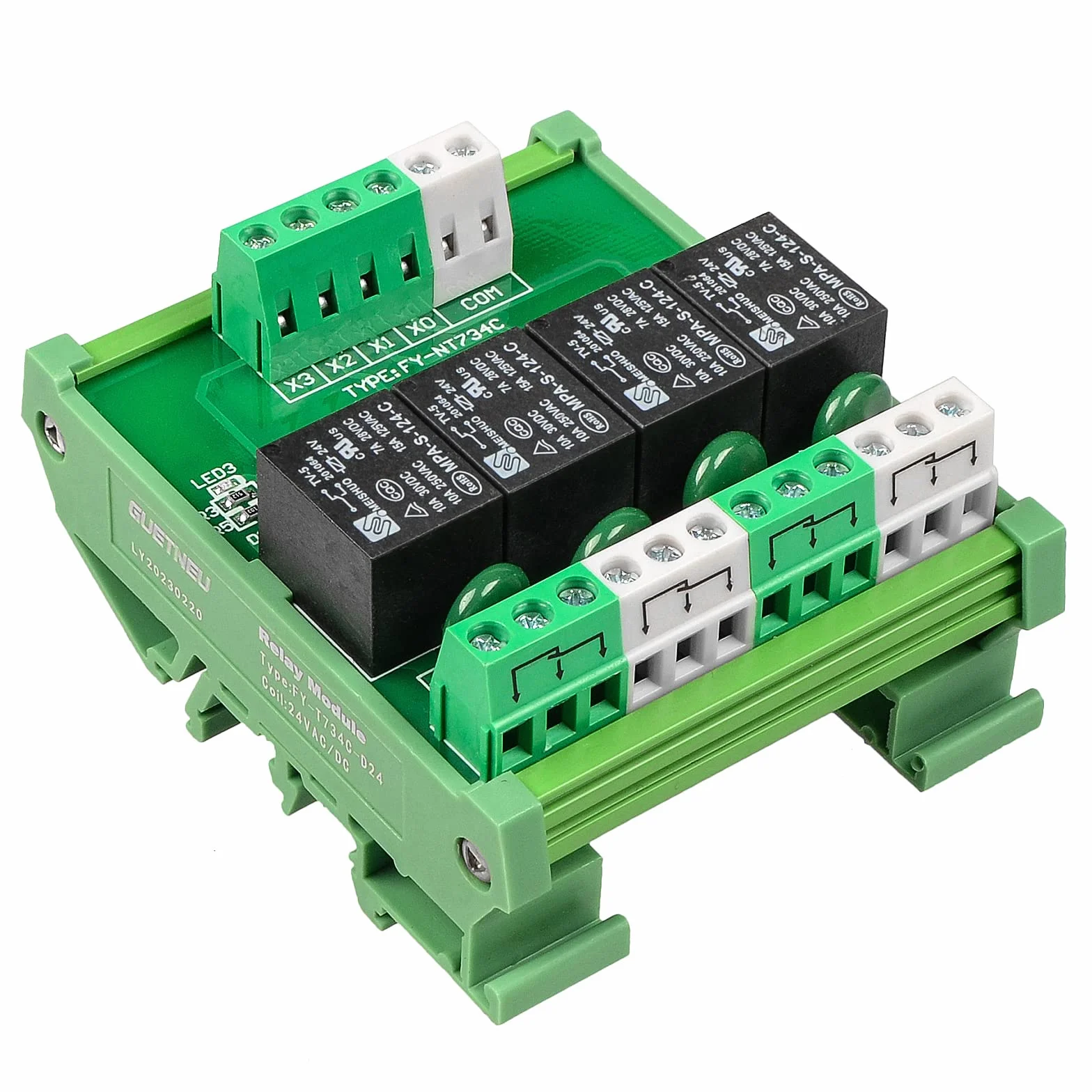 Płyta przekaźnikowa, moduł przekaźnikowy 4-kanałowy, 1 SPDT montaż na szynie DIN 24 V DC/AC, moduł przekaźnika interfejsu (FY-T734C-D24)