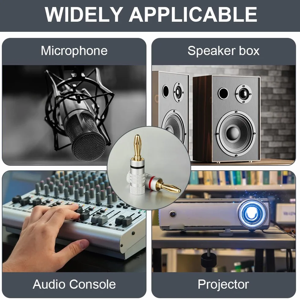 Wtyczki bananowe 4 sztuki, złącza do kabli głośnikowych 4,5 mm², HiFi (2 czerwone, 2 czarne)