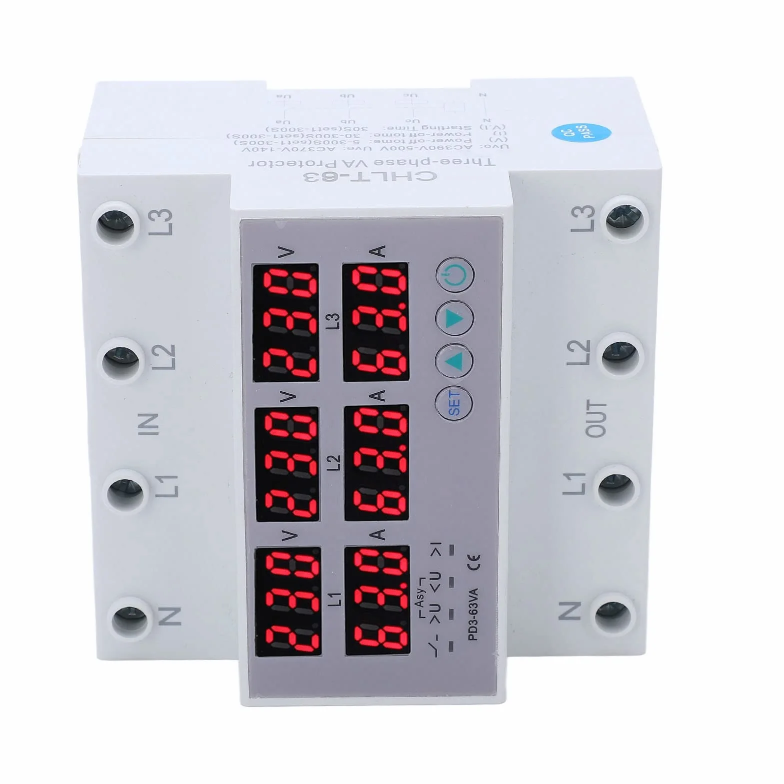 3-fazowy Woltomierz Amperomierz na Szynie DIN Multi Tester, AC 390-500 V Automatyczne Zabezpieczenie Nadnapięciowe Nadprądowe(63A)