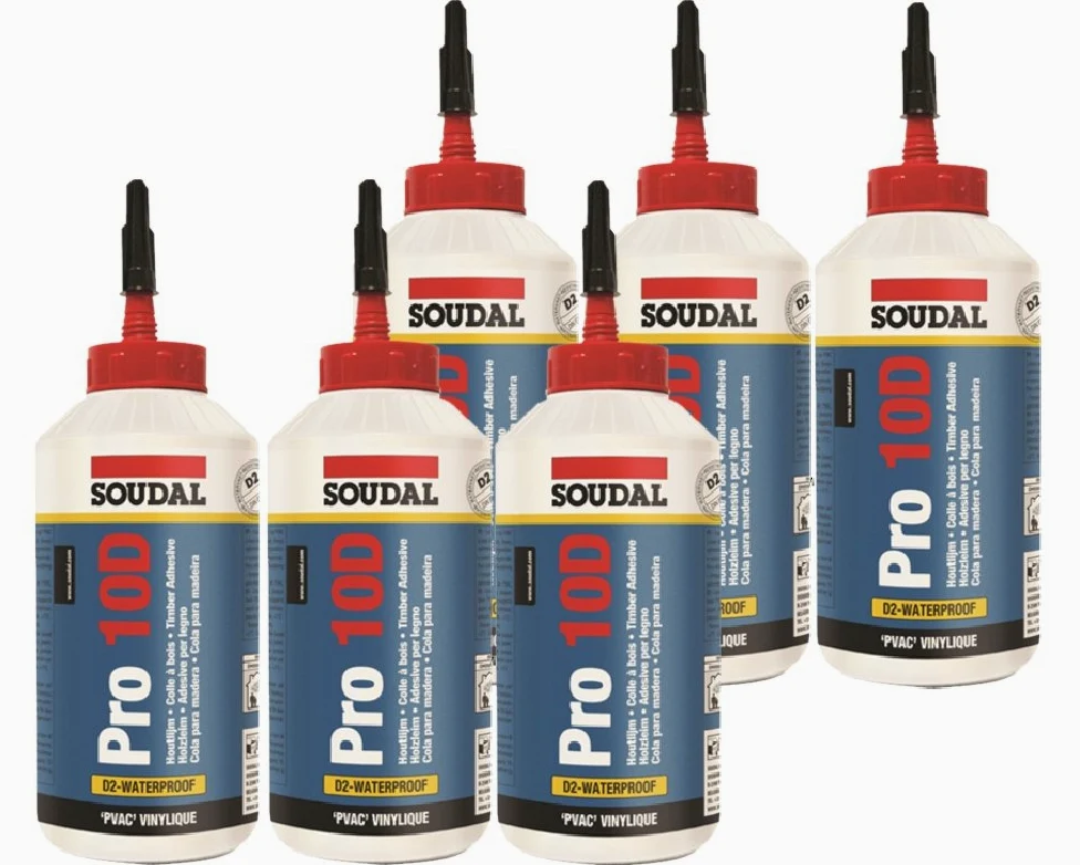 Zestaw ekonomiczny 6 x 750 ml Soudal klej do drewna Pro 10D -> klej niezawierający rozpuszczalników na bazie PVAC, specjalnie do użytku w pomieszczeniach