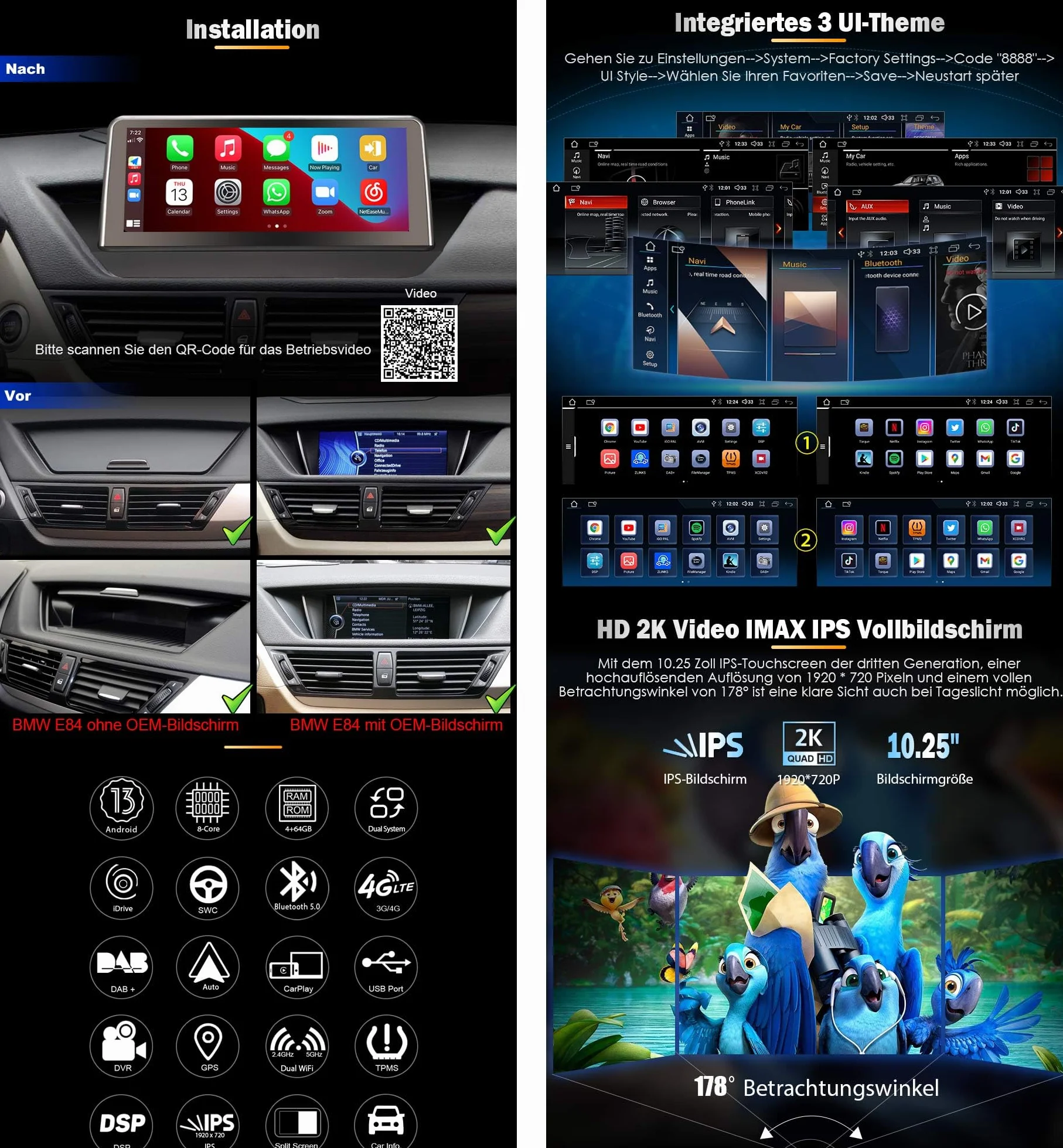Erisin Qualcomm 10,25 cala 8-rdzeniowy 4 GB + 64 GB Android 13 radio samochodowe Bluetooth z GPS do BMW X1 E84 (2009-2015) CIC, bezprzewodowy system CarPlay Android Auto WiFi DAB+ IPS USB DSP iDrive