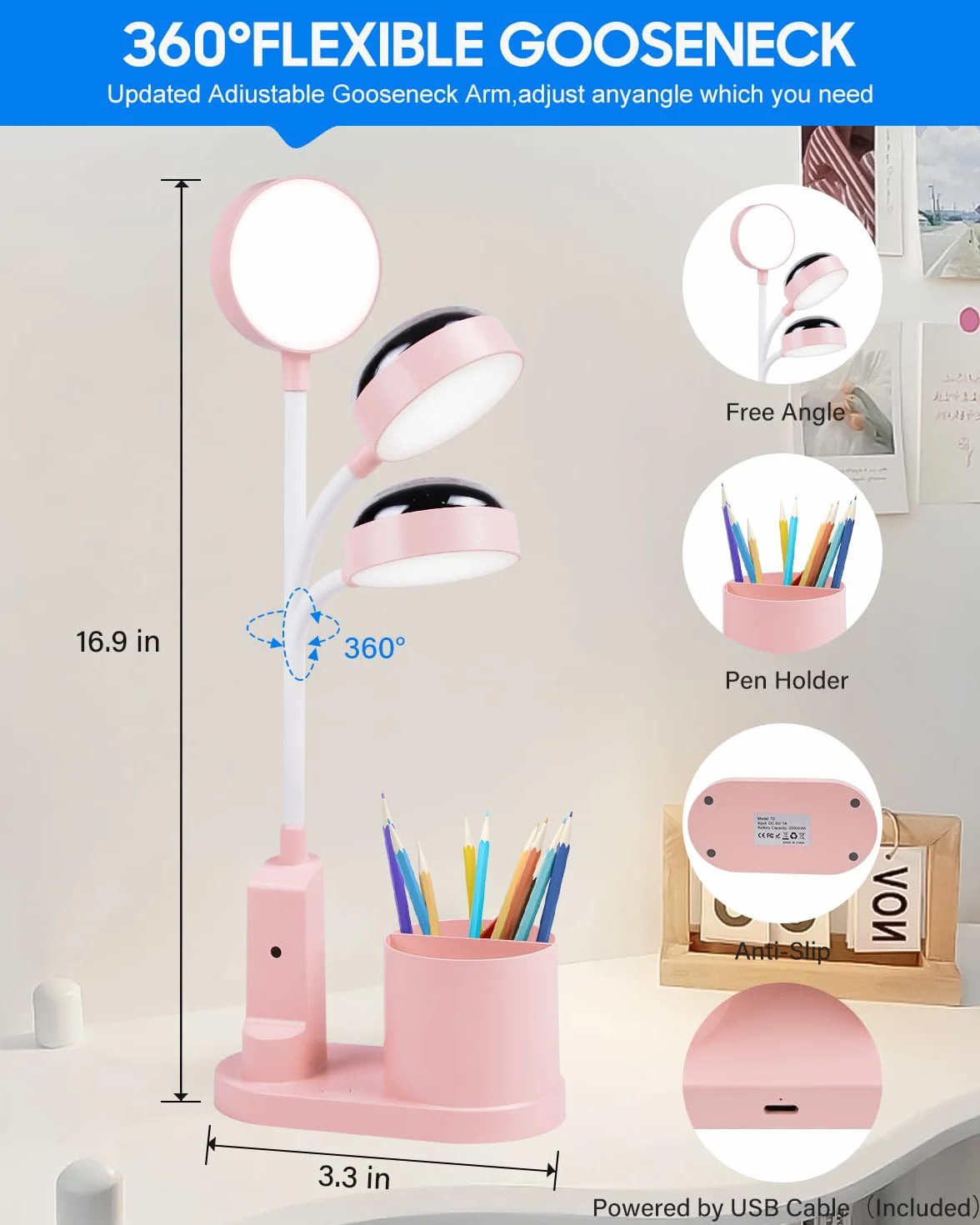 TechKen Lampa biurkowa dla dzieci, lampka nocna LED, lampa stołowa, ściemniana, poziomy jasności, ładowalna lampa z giętką szyją, lampa stołowa, lampa do nauki z uchwytem na długopis, projekcja gwiazd