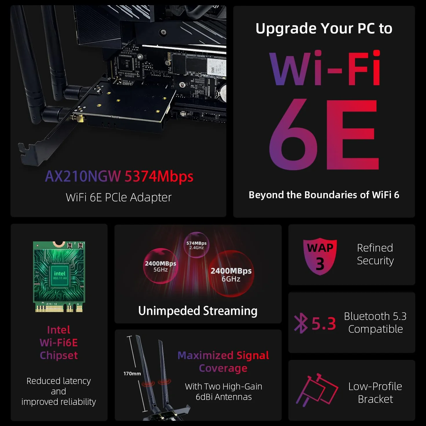 AXE5400 WiFi 6E PCIe Karta WiFi Chipset Intel AX210 z Bluetooth 5.3 Tri-Band (6GHz/2402Mb/s, 5GHz/2402Mb/s, 2,4GHz/574Mb/s) Karta sieciowa PCI Express Stosuje się do PC Windows 10/11(czarna)