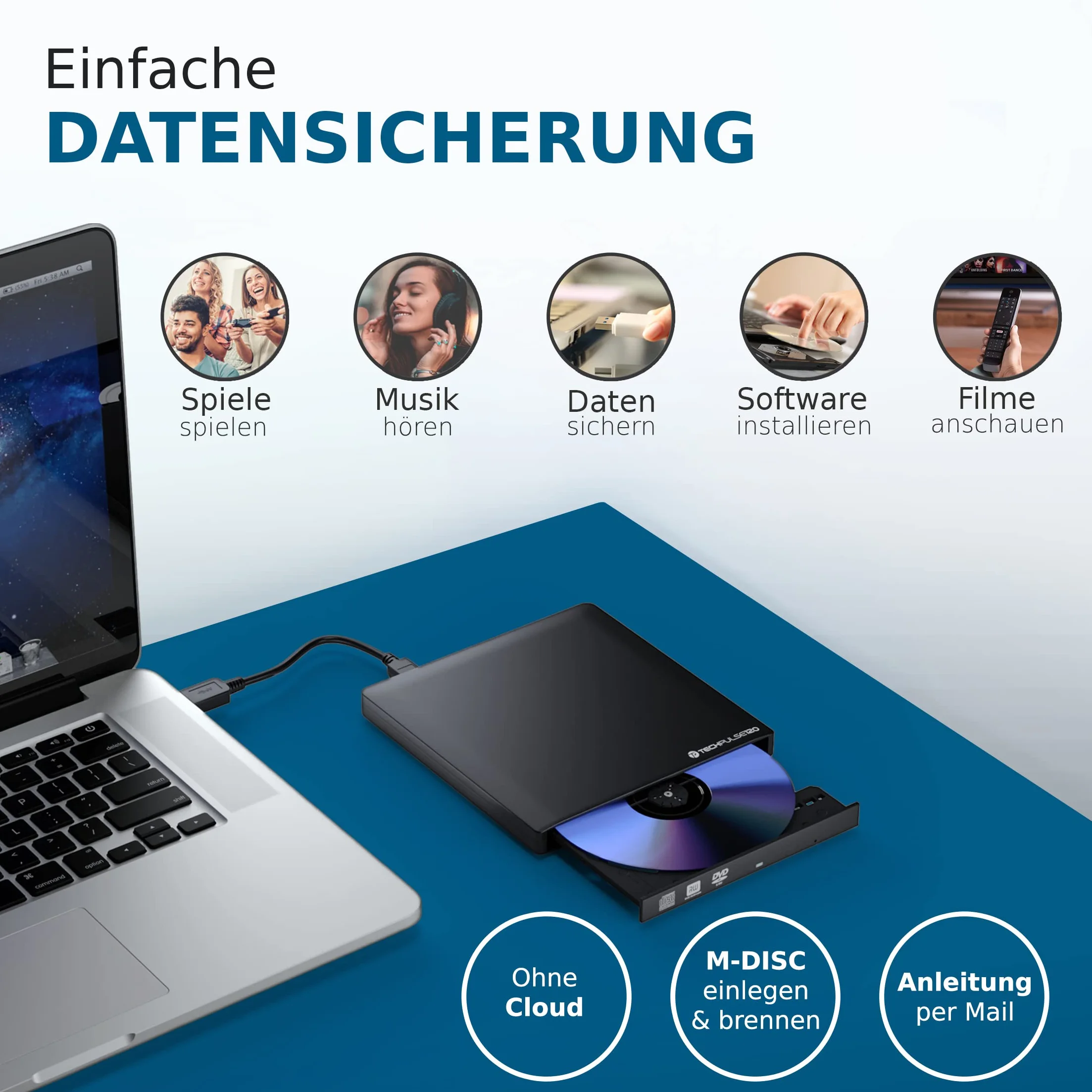 techPulse120 Zewnętrzna nagrywarka USB 3.1 USB-C UHD 4k 3D M-DISC Blu-ray DVD CD BDXL HDR10 128 GB nagrywarka Superdrive BD Imperator torba 90 cm kabel aluminiowy czarny