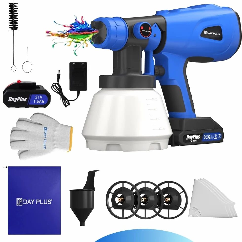 Elektryczny pistolet natryskowy 600 W, akumulatorowy system natryskowy do farby, 21 V, 3 wzory i 4 dysze, pistolet lakierniczy HVLP 1000 ml do malowania ścian, sufitów, mebli, ogrodzeń ogrodowych