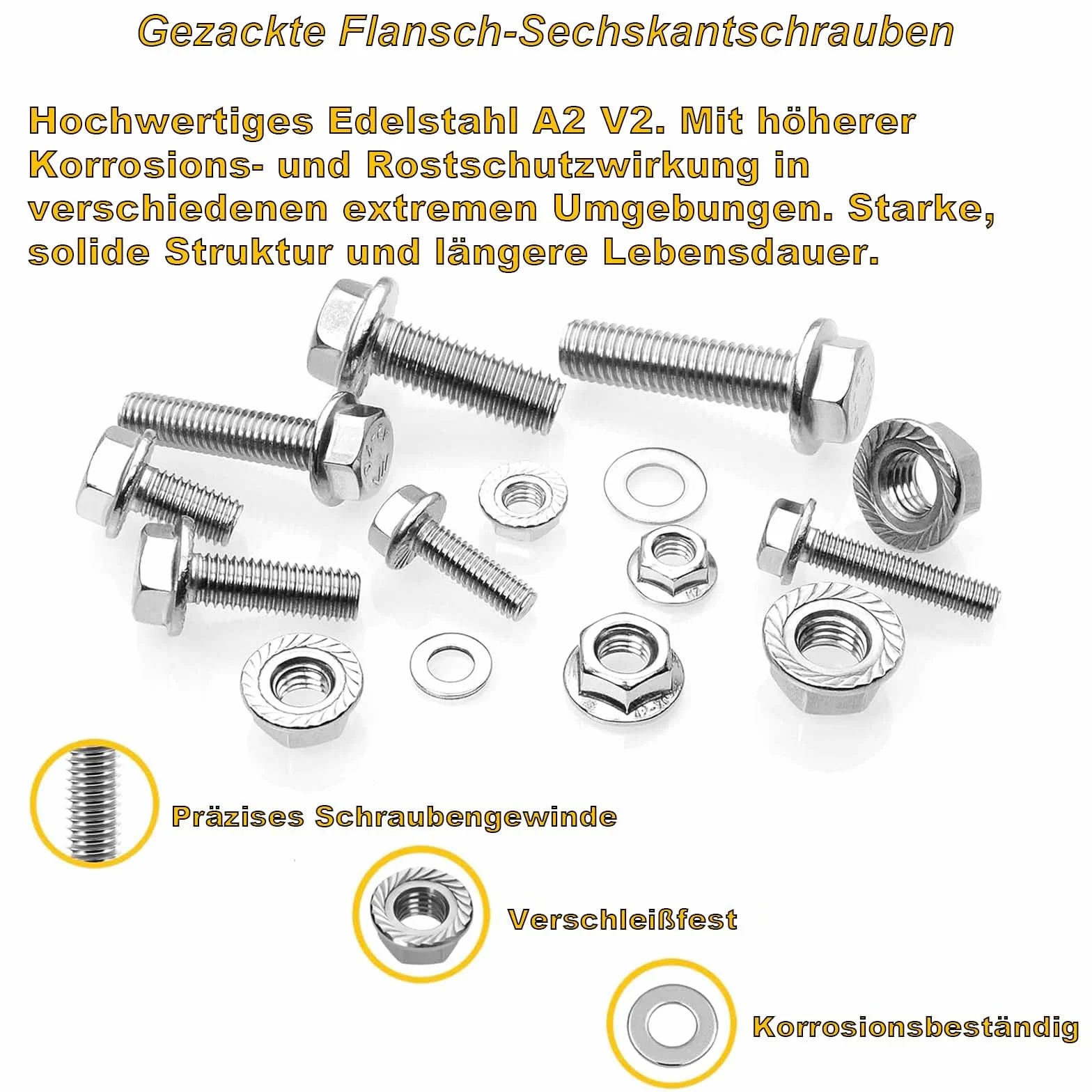 10 sztuk śrub sześciokątnych M8x40, śruby z kołnierzem, stal szlachetna A2 V2A, sześciokąt zewnętrzny, pełne gwinty, podkładki, pierścienie sprężyste i nakrętki/sortyment śrub z magnetycznym bitem