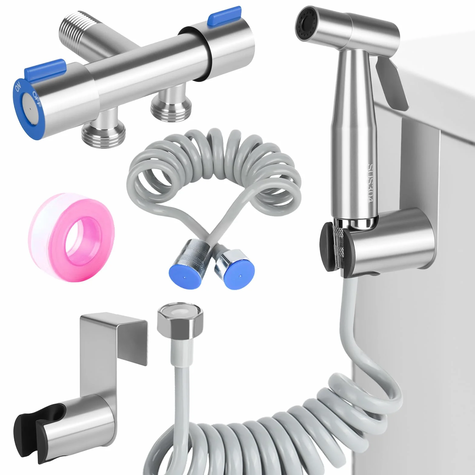 Bidet słuchawka prysznicowa, bidet ze stali nierdzewnej, uniwersalne przyłącze G1/2", wąż sprężynowy 2 m, uchwyt ścienny, głowica prysznicowa ze stali nierdzewnej, do kąpieli dla zwierząt