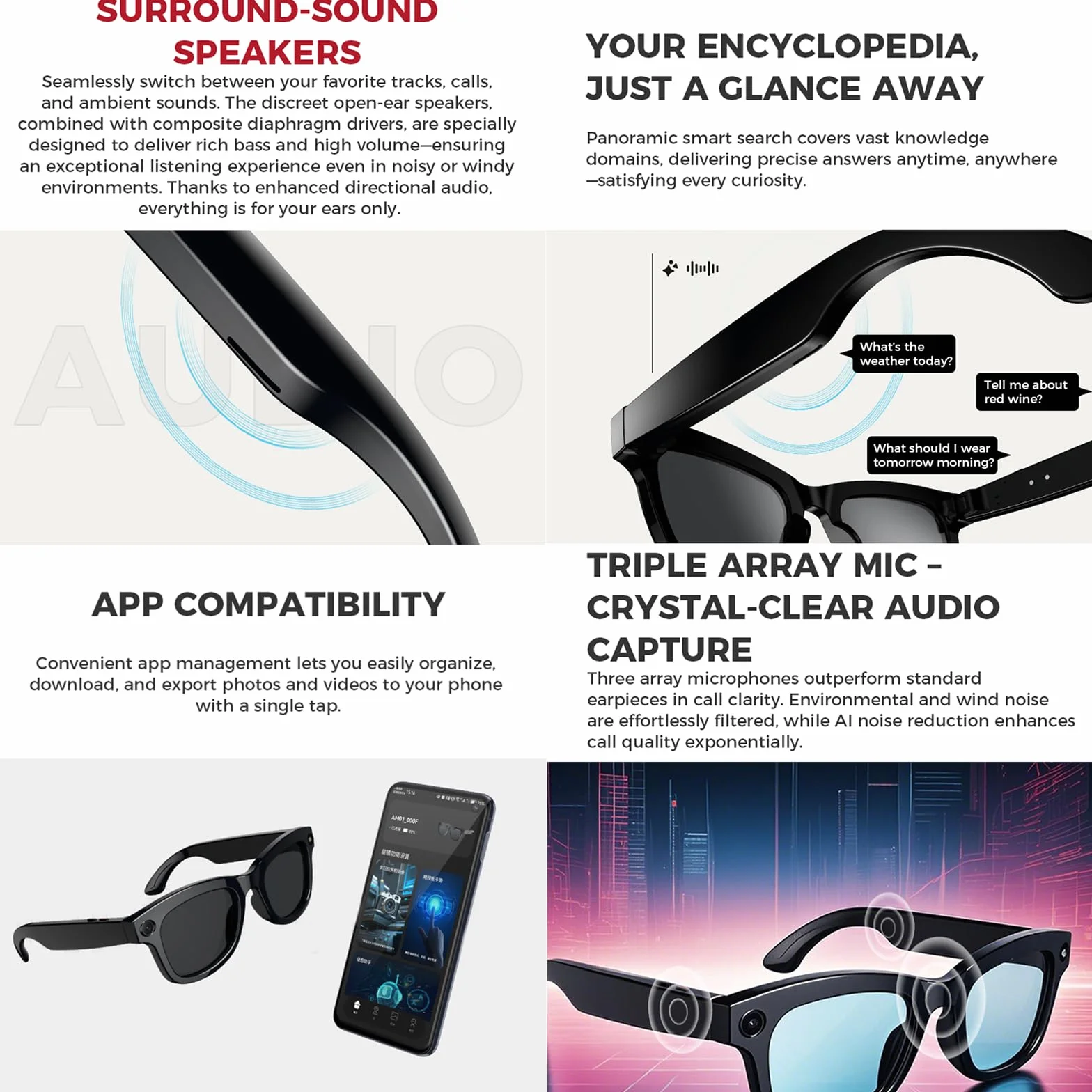 Inteligentne okulary AI z kamerą 500 W pikseli, ChatGPT, sterowaniem głosowym, Wi-Fi 4.0 + Bluetooth 5.3