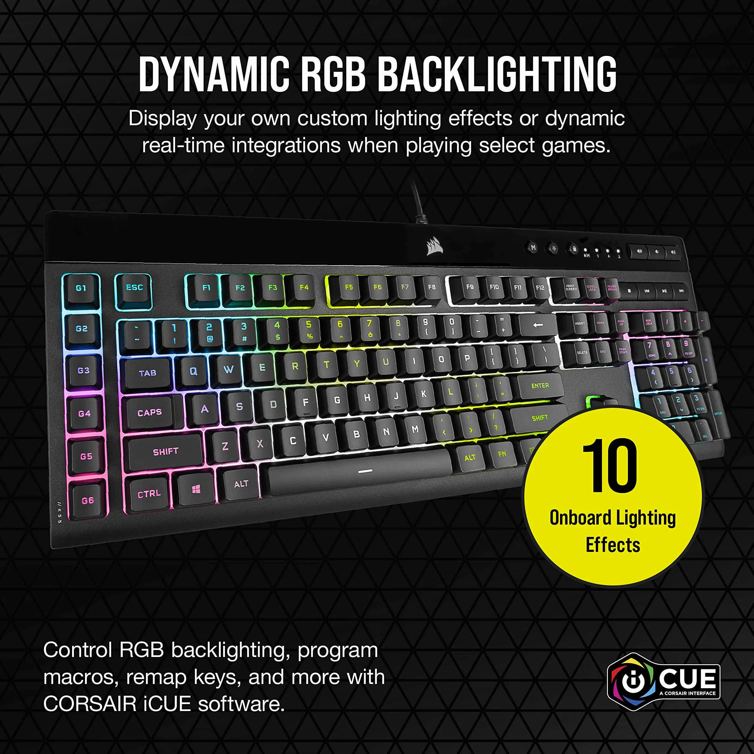 CORSAIR K55 RGB PRO XT przewodowa klawiatura do gier, IP42, odporna na kurz i zalanie, 6 klawiszy makro z integracją Elgato, kompatybilna z iCUE, QWERTY UK, PC, Mac, Xbox, czarna