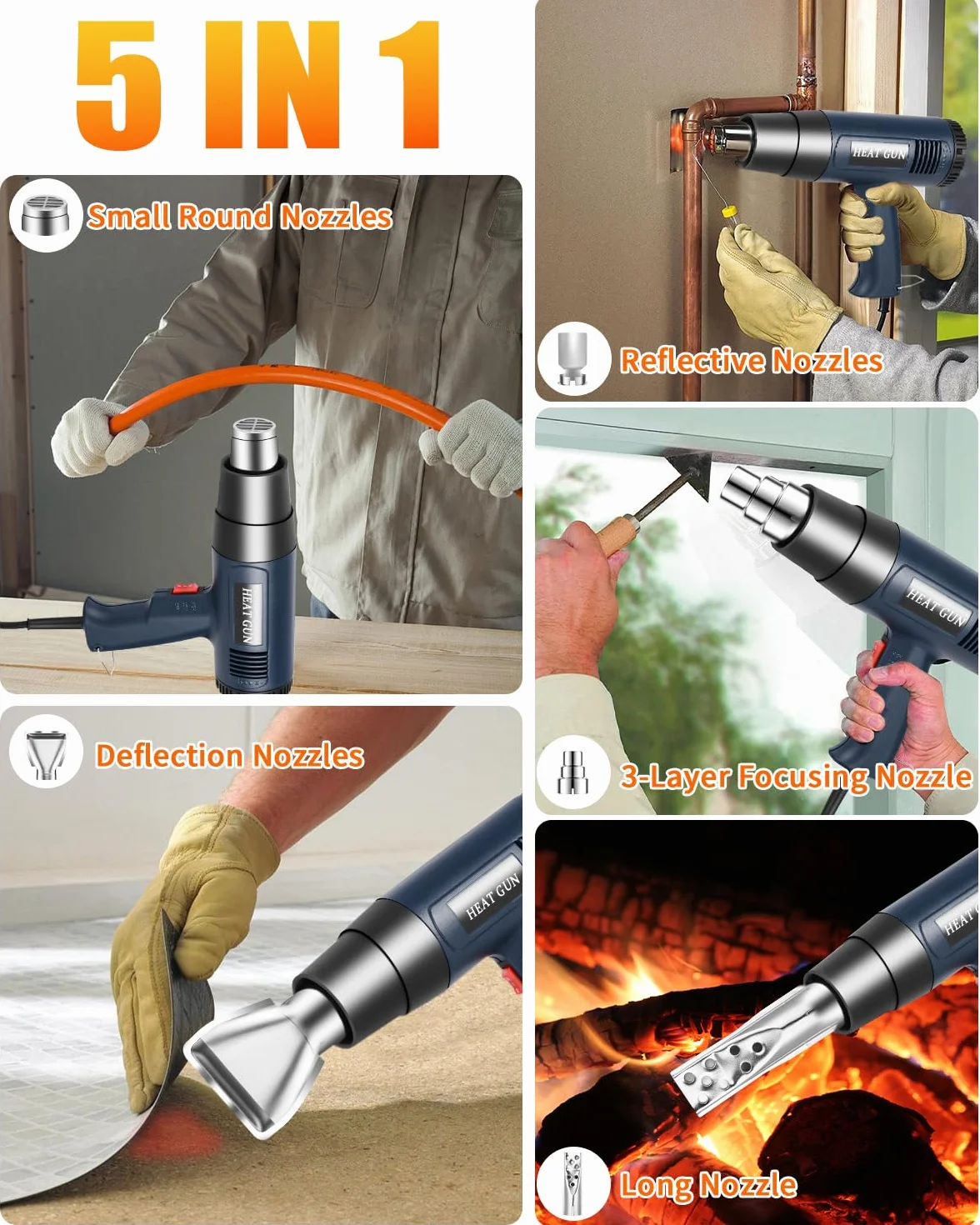 Pistolet na gorące powietrze, 2000 W, regulowana regulacja temperatury 160℃-650°C, 2 ustawienia przepływu powietrza z 5 akcesoriami, zabezpieczenie przed przeciążeniem, ceramiczny rdzeń grzejny