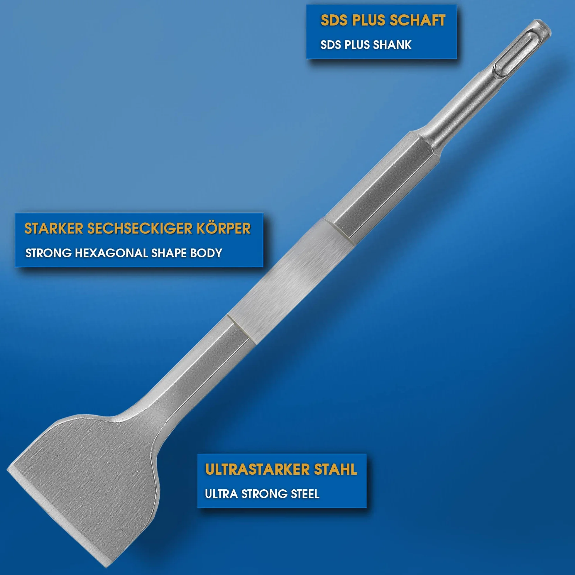 S&R Meister Dłuto SDS Plus Set 4 szt. - do płytek, betonu, kamienia, muru, tynku itp. - 1 dłuto spiczaste, 1 dłuto płaskie, 2 dłuta do płytek - kątowe i proste