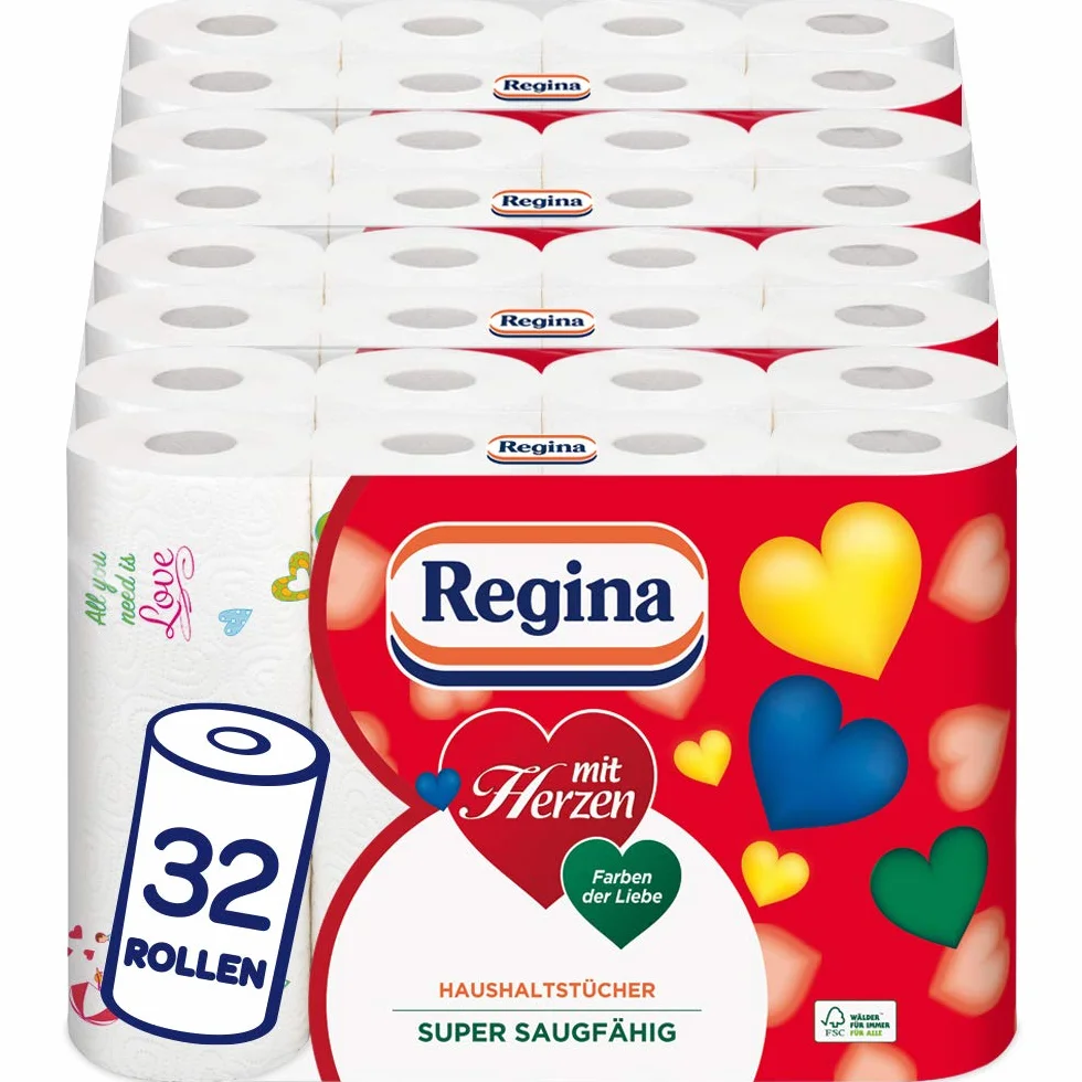 Regina Chusty domowe z serduszkami, 3-warstwowe, 32 opakowania w rolkach (8 x 4 opakowania pojedyncze) | 43 arkusze w rolce | super chłonne, grube, odporne | papier z certyfikatem FSC