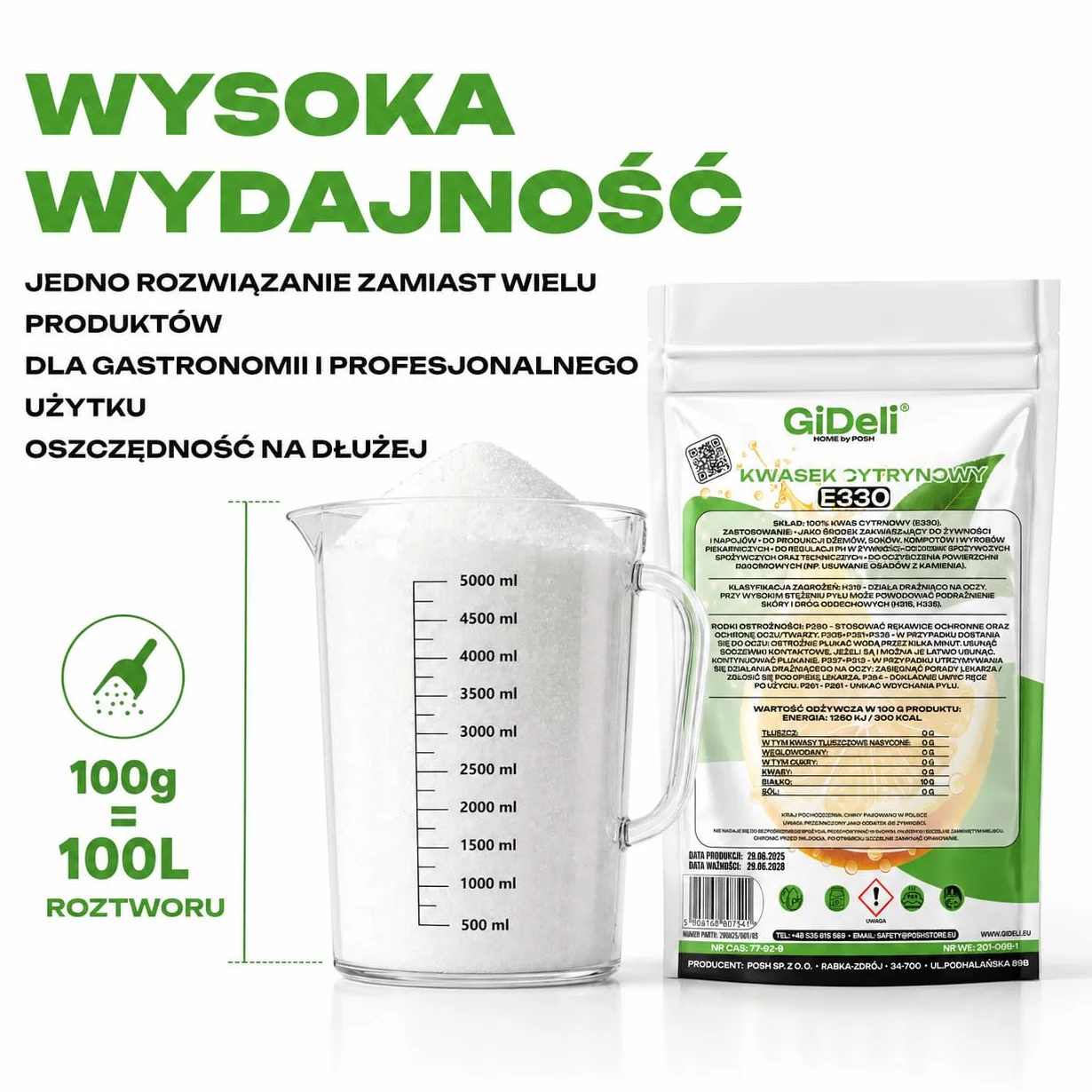 GiDeli Kwas Cytrynowy 100g - E330 Jakość Spożywcza w Proszku - Regulator Kwasowości Idealny do Czyszczenia, Odkamieniania, Pieczenia i Gotowania - Produkt Naturalny bez GMO