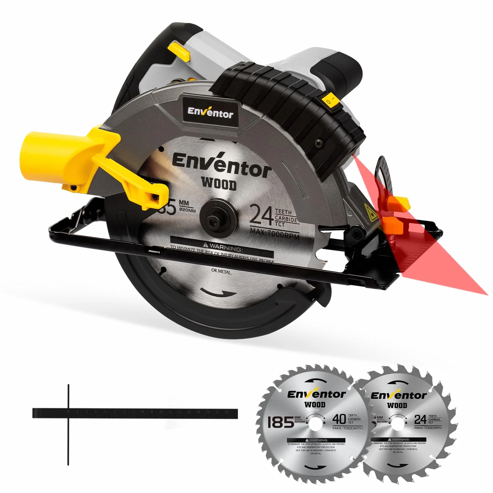 ENVENTOR Ręczna piła tarczowa 1650W, piła tarczowa 5500 obr/min z prowadzeniem laserowym, mocny silnik, cięcie 62 mm (90°), 46 mm (45°), (średnica brzeszczotu: 185 mm), do drewna, PCV