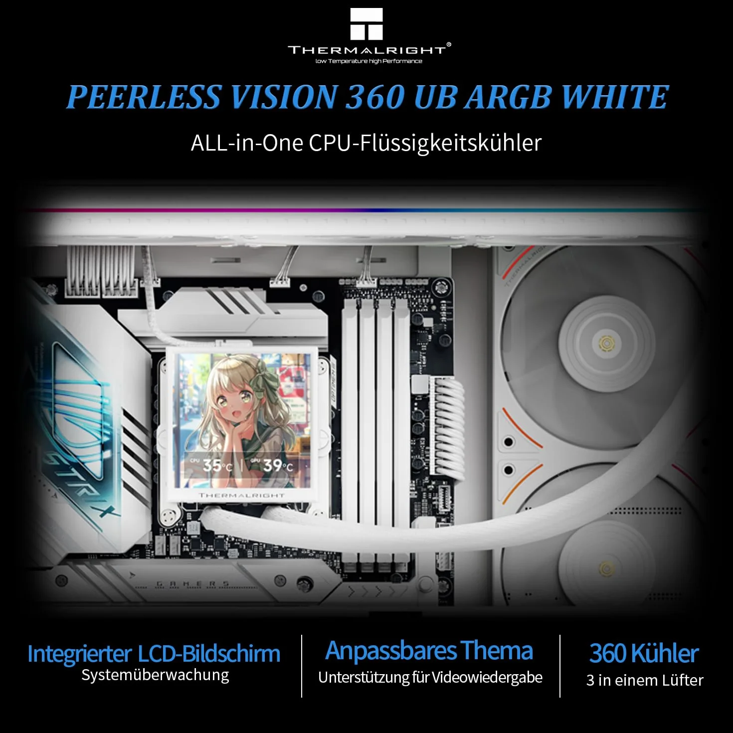 Thermalright Peerless Vision 360 UB ARGB White chłodnica cieczy CPU, ekran IPS 480x480, wentylatory 3x, AM5/LGA1851/1700, magnetyczny 3,95 cala