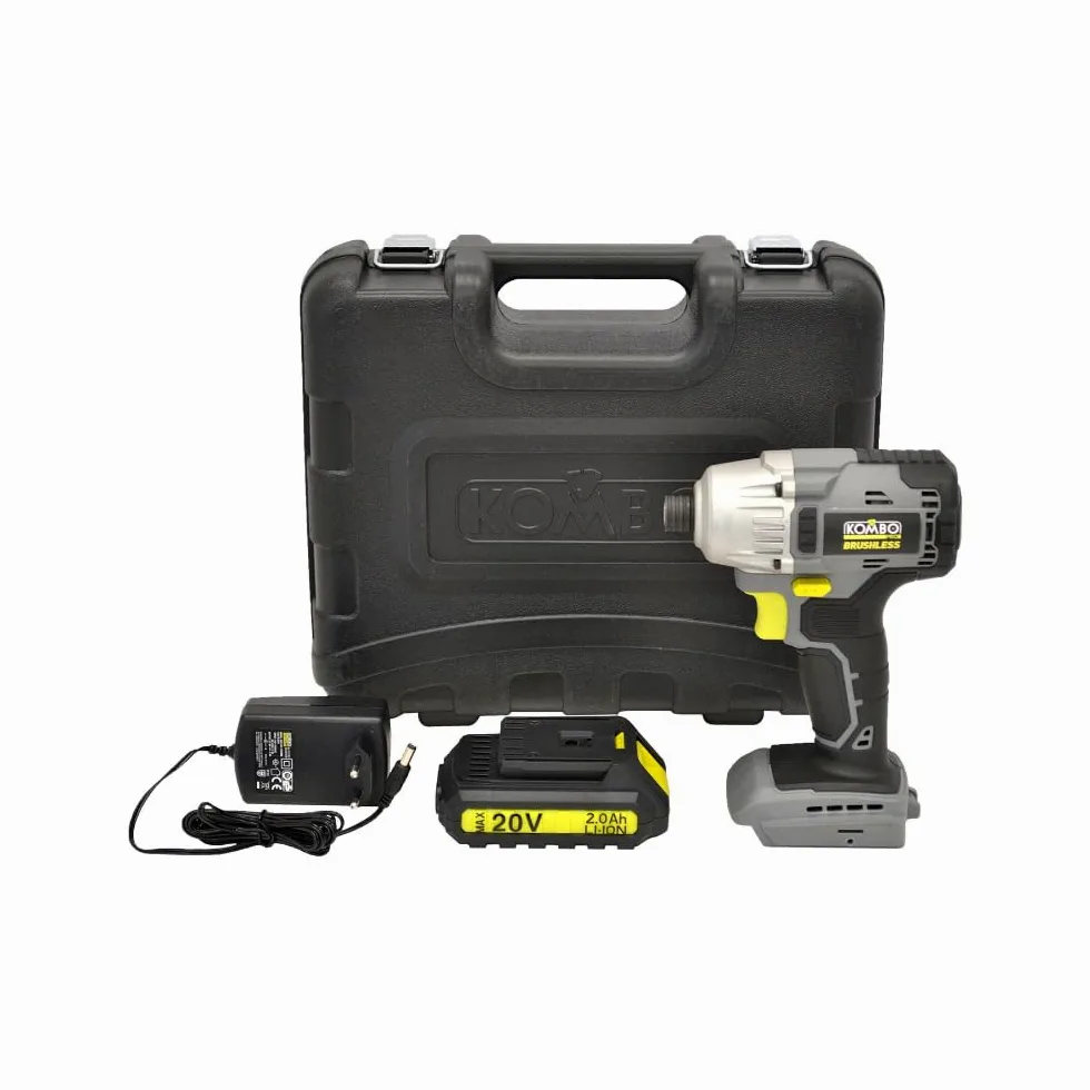 KOMBO PRO Zestaw wkrętarek udarowych BRUSHLESS 1/4" 20 V - 200 Nm, 2500 obr./min, bateria 2,0 Ah, szybka ładowarka, 4 kompasy w twardej walizce do precyzyjnych zastosowań i profesjonalnej pracy