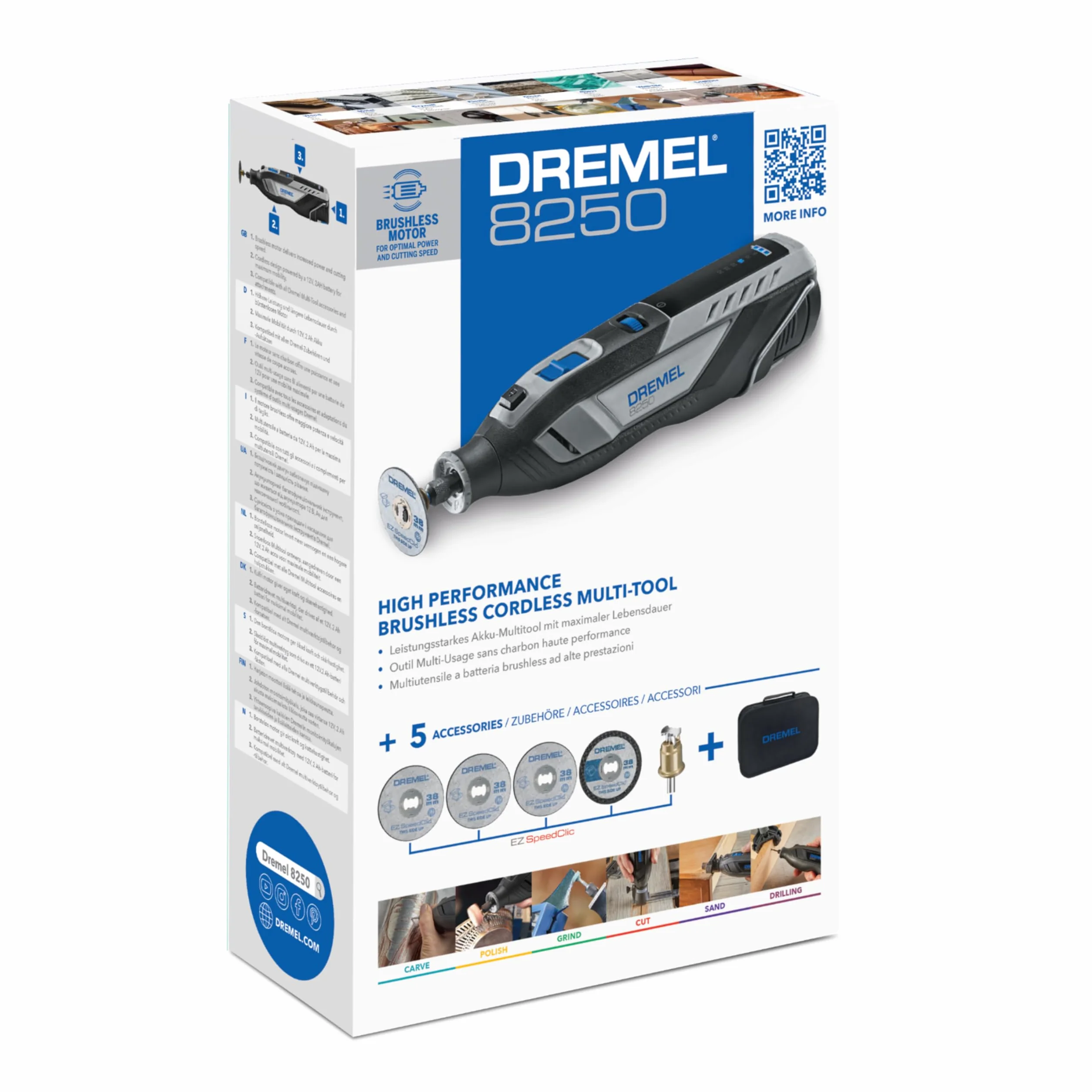 Dremel 8250 12V akumulatorowe narzędzie obrotowe 5.000-30.000 obr/min bezszczotkowy zestaw narzędzi wielofunkcyjnych z miękkim etui, 5 akcesoriami, frezowania, grawerowania, ścinania, napraw/DIY