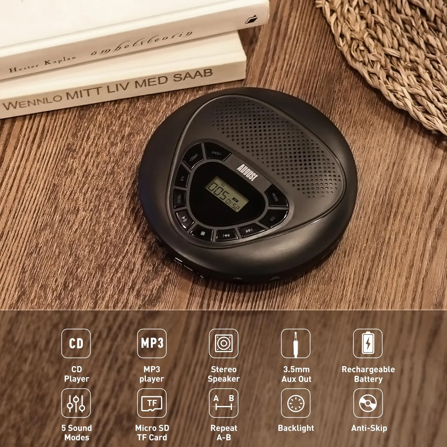 August SE10 Przenośny odtwarzacz CD z głośnikiem AUX MP3 Micro SD Korektor Antywstrząsowy Czarny