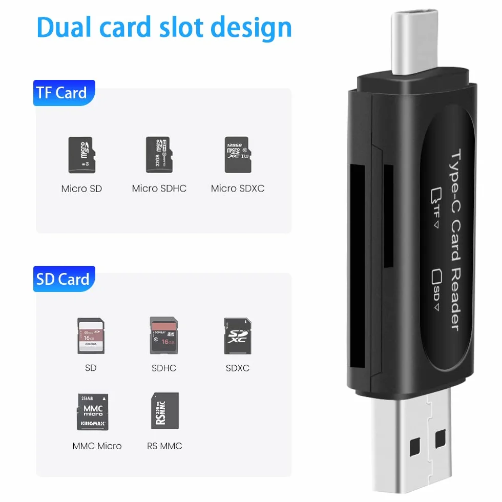 Czytnik kart SD, Seminer 4 w 1 USB C/USB 2.0 podwójny adapter kart pamięci OTG do kart pamięci TF/Micro SD/SD/SDXC/Micro SDXC/Micro SDHC (czarny)