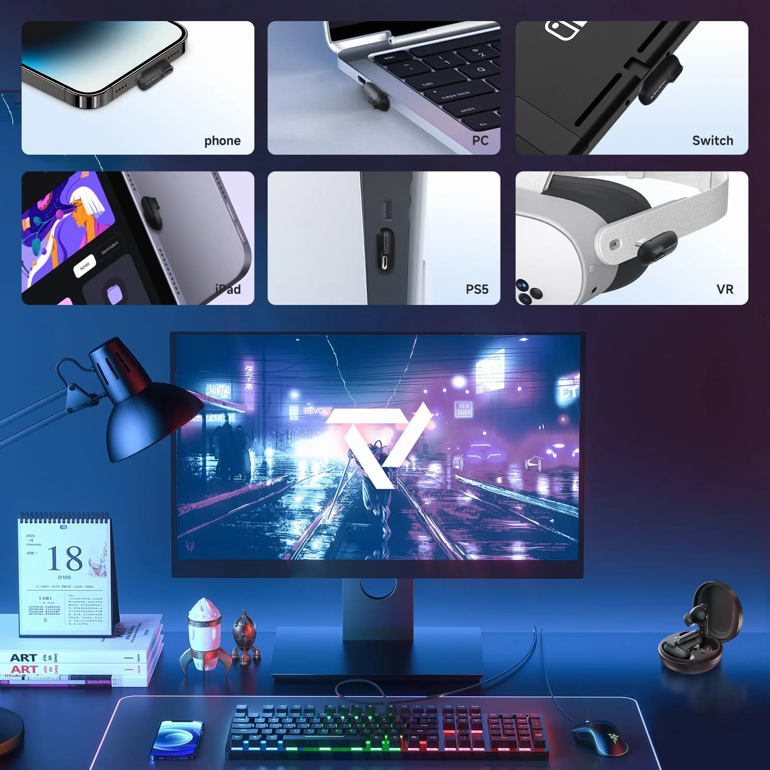 Słuchawki douszne bezprzewodowe Bluetooth Vega T1 niskie opóźnienie 25 ms USB-C Dongle kompatybilne Meta Quest 3/3S/2 Switch Steam Deck PC Czarny