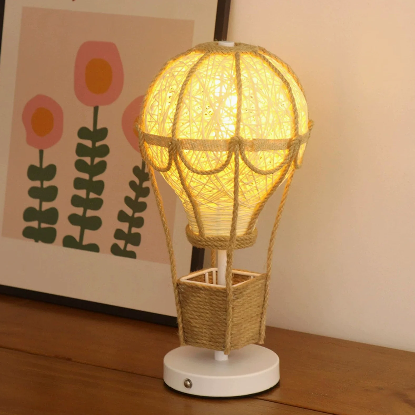 Lampa Kształcie Balonu Ogrzane Powietrze Ręcznie Robiona Imitacji Lnu Dekoracyjna Ciepła Lampa Pokoju Dziecięcego Sypialni Przenośna Lampka Nocna Kształcie Plecionego Kosza Wyjątkowa Serce Lampa Domu