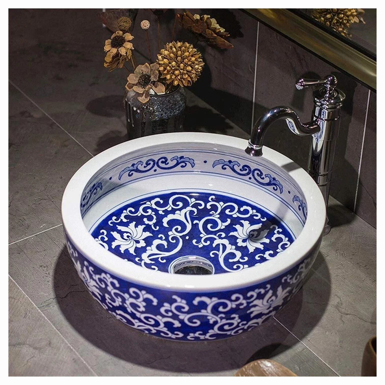 Szafka Pod Umywalkę Z Umywalką, Umywalka Łazienkowa Nablatowa, Okrągła Ceramiczna Umywalka Nablatowa W Stylu Vintage, Malowana Porcelanowa Miska Nablatowa