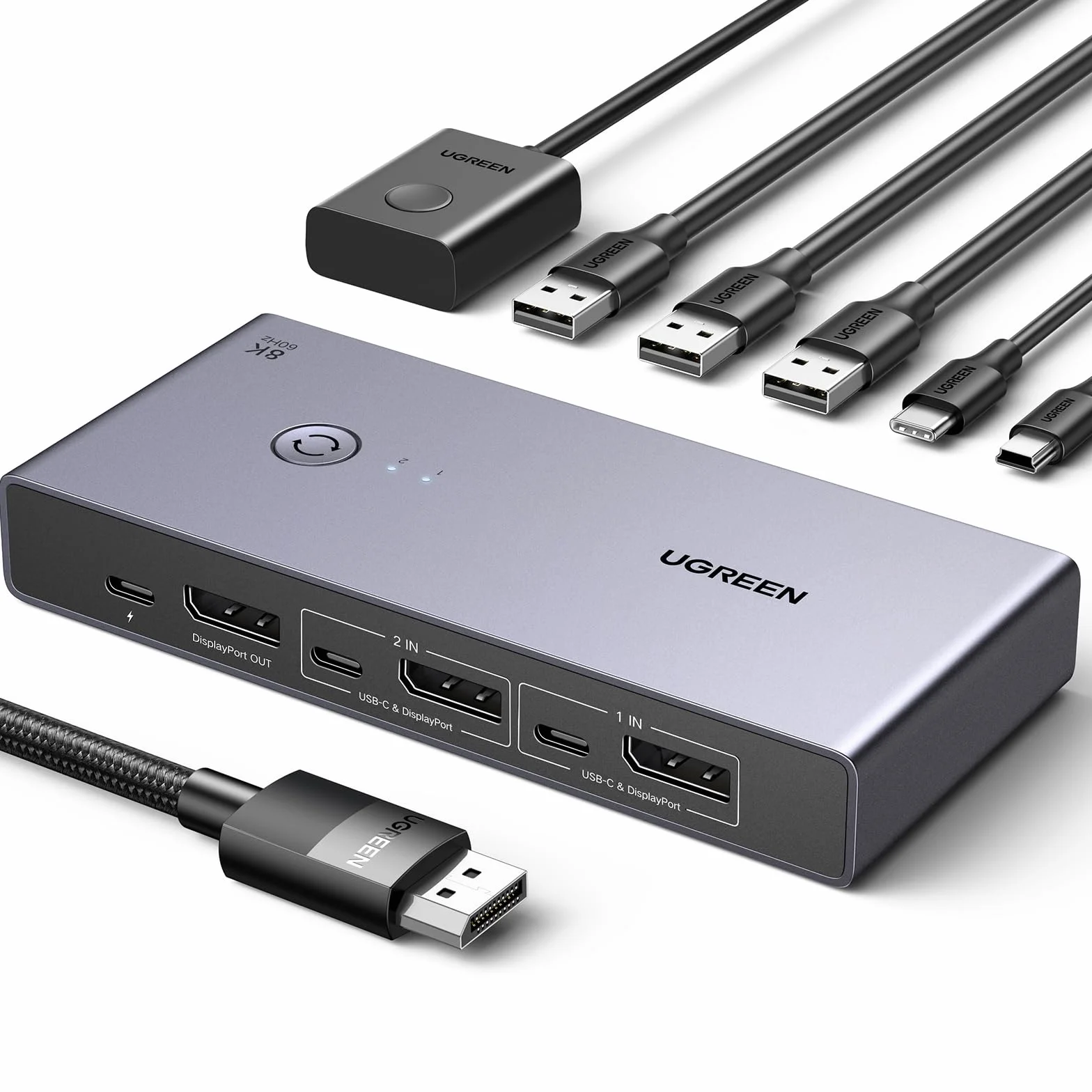UGREEN Przełącznik 8K 60 Hz Displayport KVM, przełącznik DP 1.4 KVM, przełącznik KVM 2 pc 1 monitor, 4K 240 Hz, 4 porty USB, przełącznik KVM USB C, 4 porty USB przełącznik klawiatury, myszy, dysku